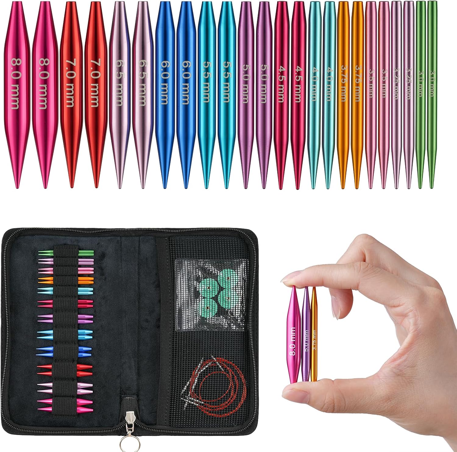 Short Interchangeable Knitting Needles Set 3-Inch Shorties Circular Knitting Needles for Sock, Sizes US 2.5, 3, 4, 5, 6, 7, 8, 9, 10, 10.5, 11 with Cables, Accessories and Case (12 Pairs)