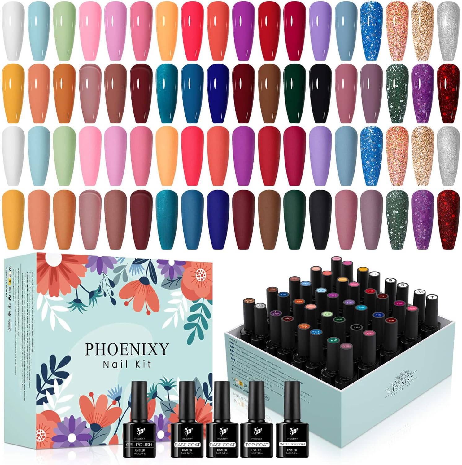 Phoenixy 40 Pcs Gel Nail Polish Set, 36 Colours Red Violet Gel Nail Polish with Glossy Matte Base Top Coat, UV LED Soak Off Nail Kit Gift for Women (Glass Bottle)