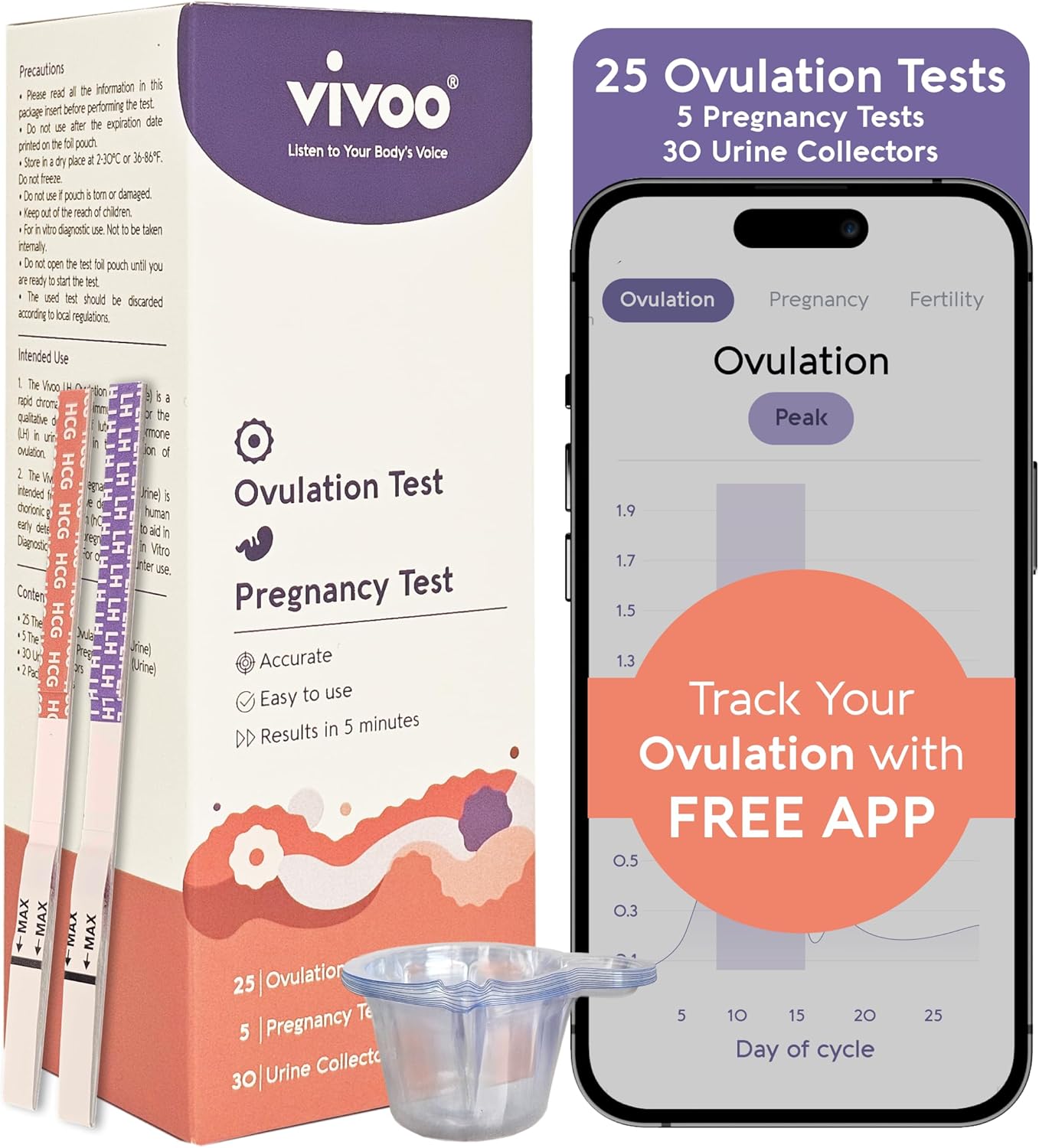 Vivoo Ovulation Test & Predictor Kit: Track Your Cycle and Test Results with Vivoo App, Includes 25 Individually Wrapped Ovulation (LH) Tests, 5 Pregnancy (HCG) Tests with 30 Cups