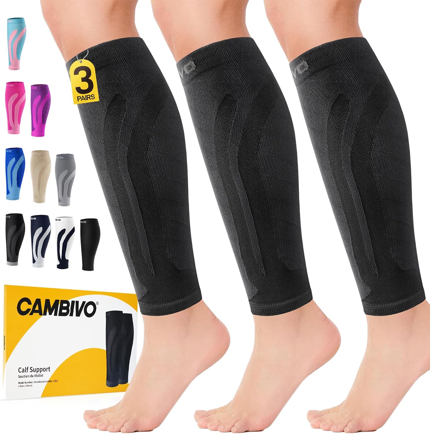 CAMBIVO Calf Compression Sleeve 3 Pairs Footless Compression Socks Running