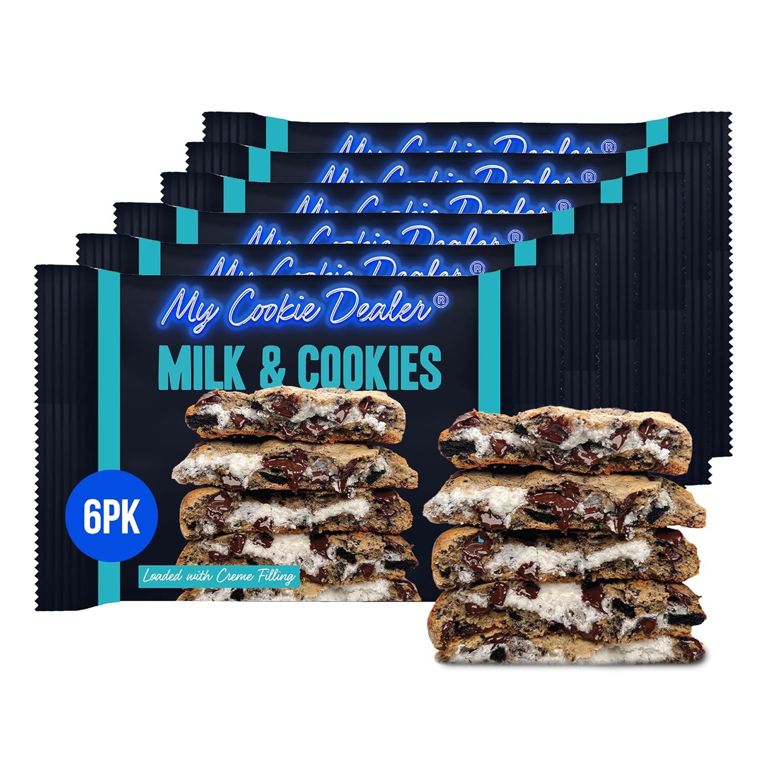 My Cookie Dealer Soft Baked Cookies, Milk & Cookies (6-Pack, 4oz Cookie) - Oreo Batter with Chocolate Chips & Chunks, filled with Vanilla Creme - Individually Wrapped Travel Snacks