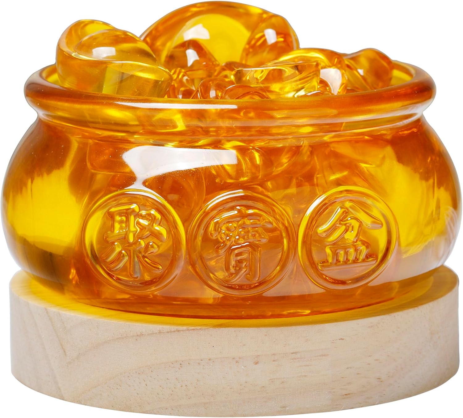 77Pcs Ingot/Yuan Bao Good Luck Wealth Prosperity Crystal Glass Golden Treasure Basin with Led Wooden Base - Chinese Feng Shui Decor Collectibles for Home & Office