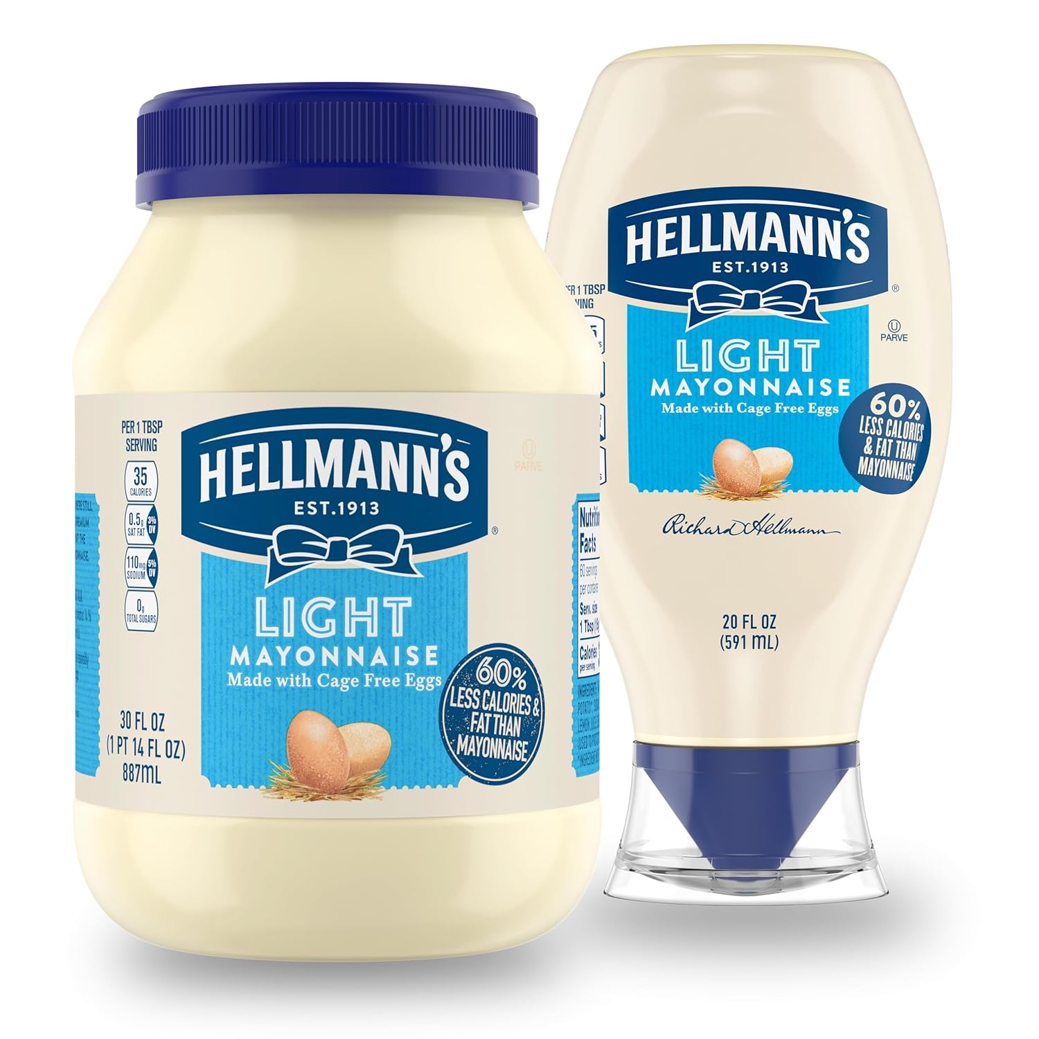Hellmann's Light Mayonnaise Light Mayo Squeeze Bottle For a Creamy Condiment for Sandwiches and Simple Meals Made With 100% Cage-Free Eggs 20 oz