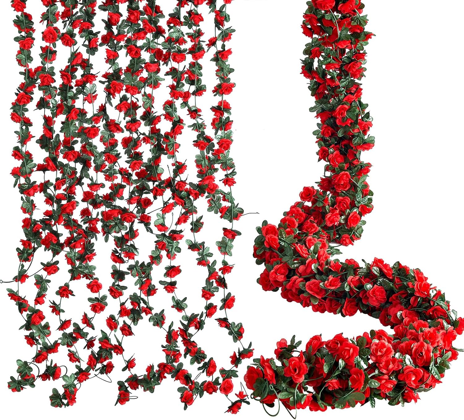 5Pcs39FT Red Flower Garland, Artificial Hanging Rose Garlands with Green Leaf, Fake Vines with Flowers for Table Room Anniversary Wedding Birthday Party Backdrop Decoration