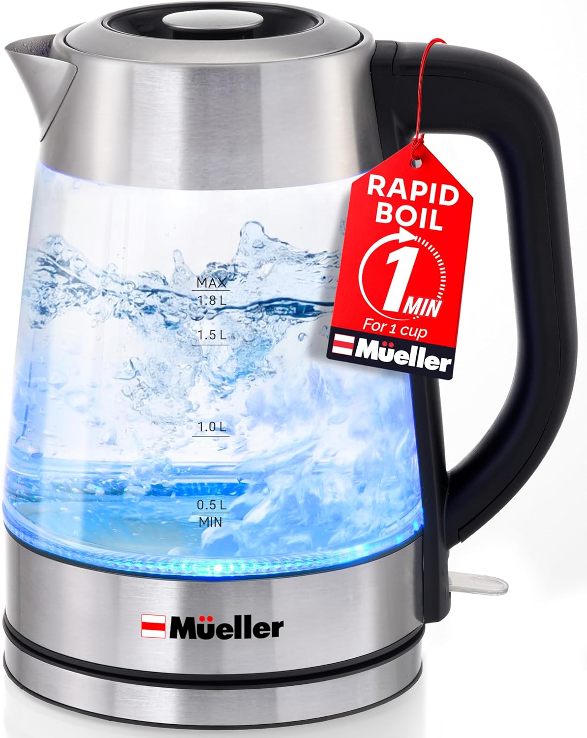 Mueller RapidBoil Electric Kettle 1.8L – Borosilicate Glass & Stainless Steel – BPA-Free Tea Kettle, LED Light, Auto Shut-Off, Boil Dry Protection Water Heater – Fast Heating, Kitchen Essentials