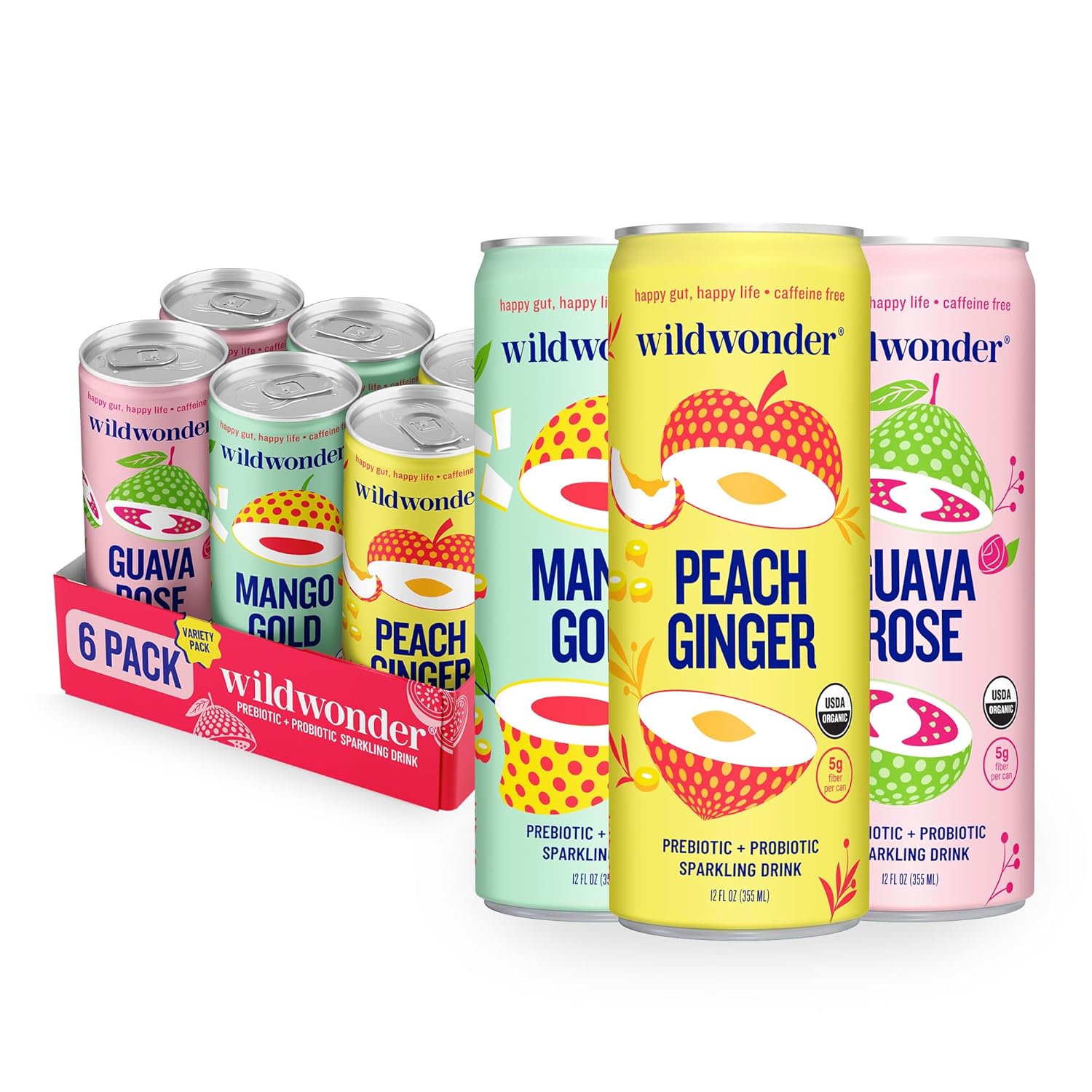 wildwonder Sparkling Probiotic Drink 6pk, For Gut Health & Immune Support, Classic Variety Pack, 5g Prebiotic Fiber, Live Probiotics, Organic, Vegan, Low Sugar, 6 Pack, 12oz Can, Seen on Shark Tank