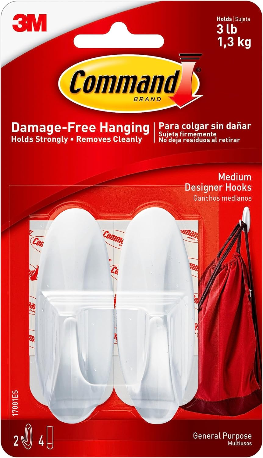 Command Medium Designer Hooks, 2 Hooks and 4 Command Strips, Damage-Free Hanging Wall Hooks with Adhesive Strips, Adhesive Hooks for Hanging Christmas Decorations, Holds up to 3 lb
