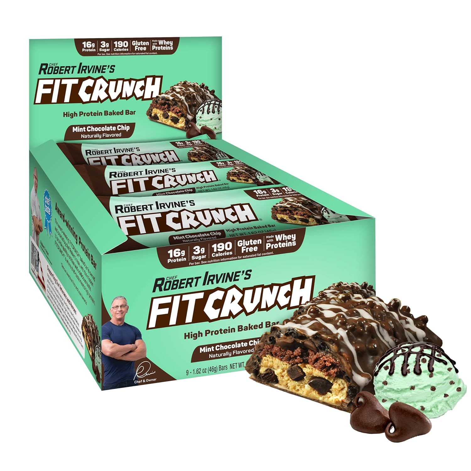 FITCRUNCH Snack Size Protein Bars, 6-Layer Baked Bar, 3g of Sugar, Gluten Free & Soft Cake Core (9 Bars, Mint Chocolate Chip)