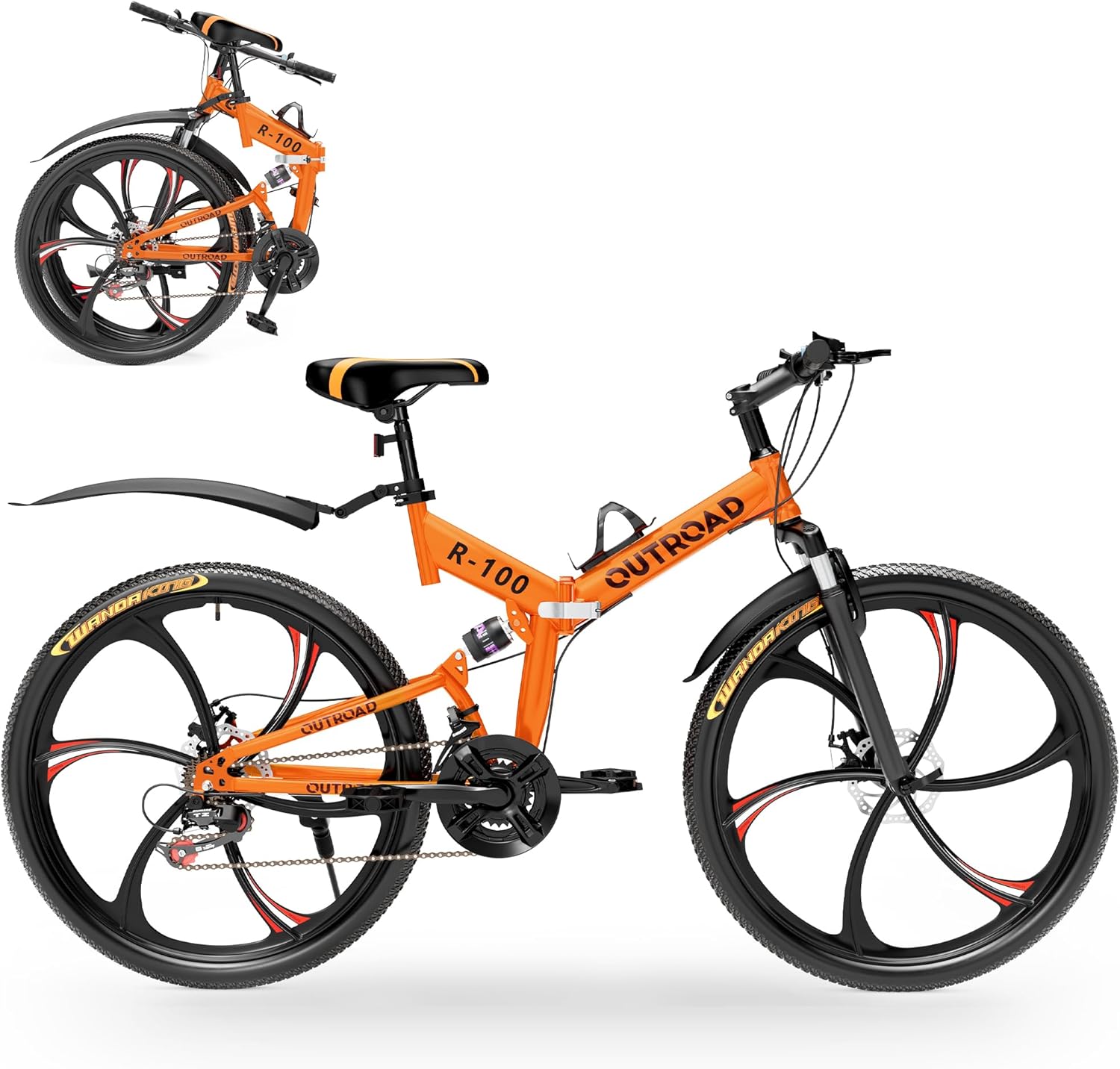 Outroad 26 Inch Folding Mountain Bike, 21 Speed Full Suspension High-Carbon Steel MTB Foldable Bicycle, Dual Disc Brake Non-Slip Folding Bikes for Adults/Men/Women, Black, Orange and Green