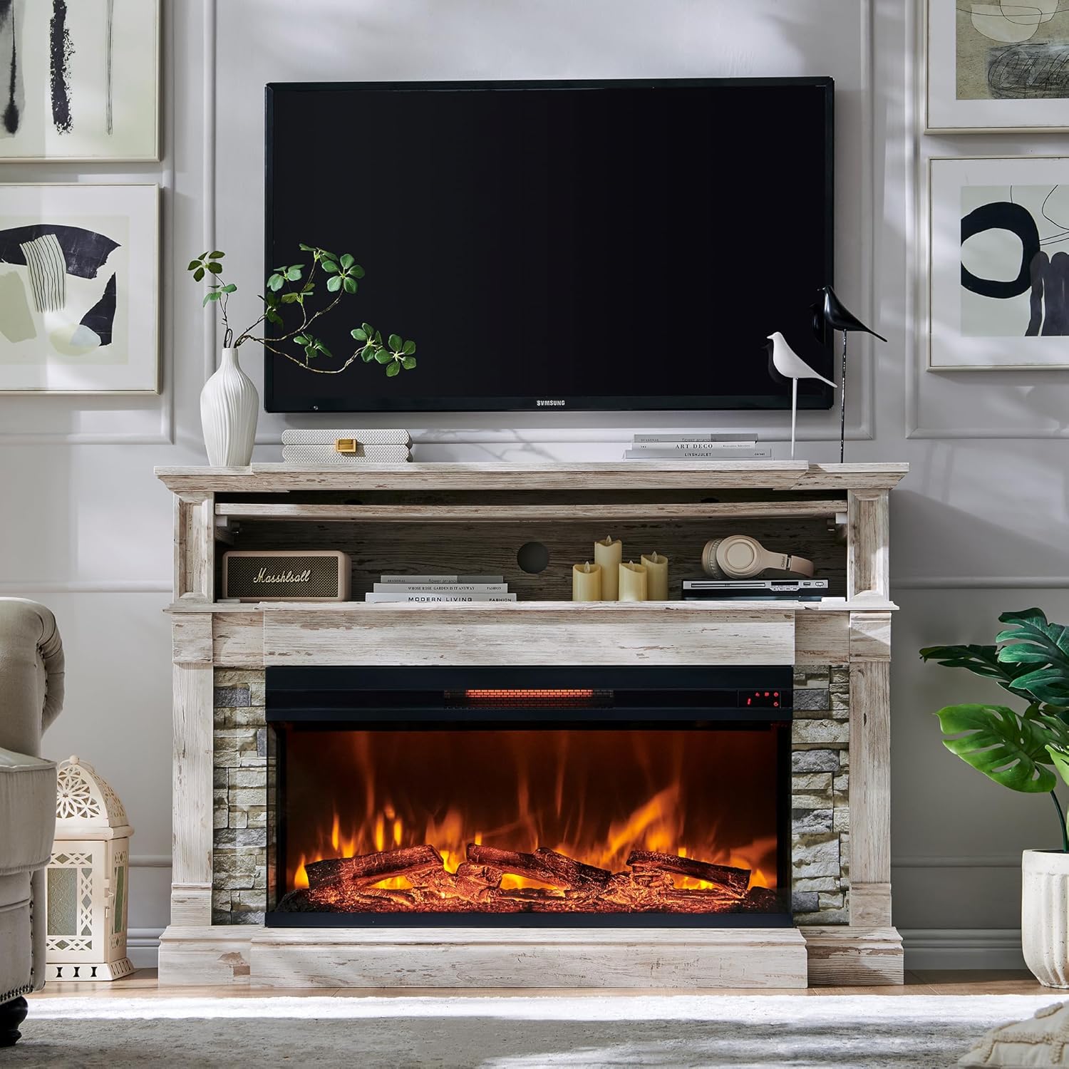 OKD 52" Electric Fireplace with Mantel, Freestanding Fireplace Heater TV Stand with 36" 3-Side Glass Insert for TVs Up to 65" with Storage Cabinet for Living Room, Antique Brush White