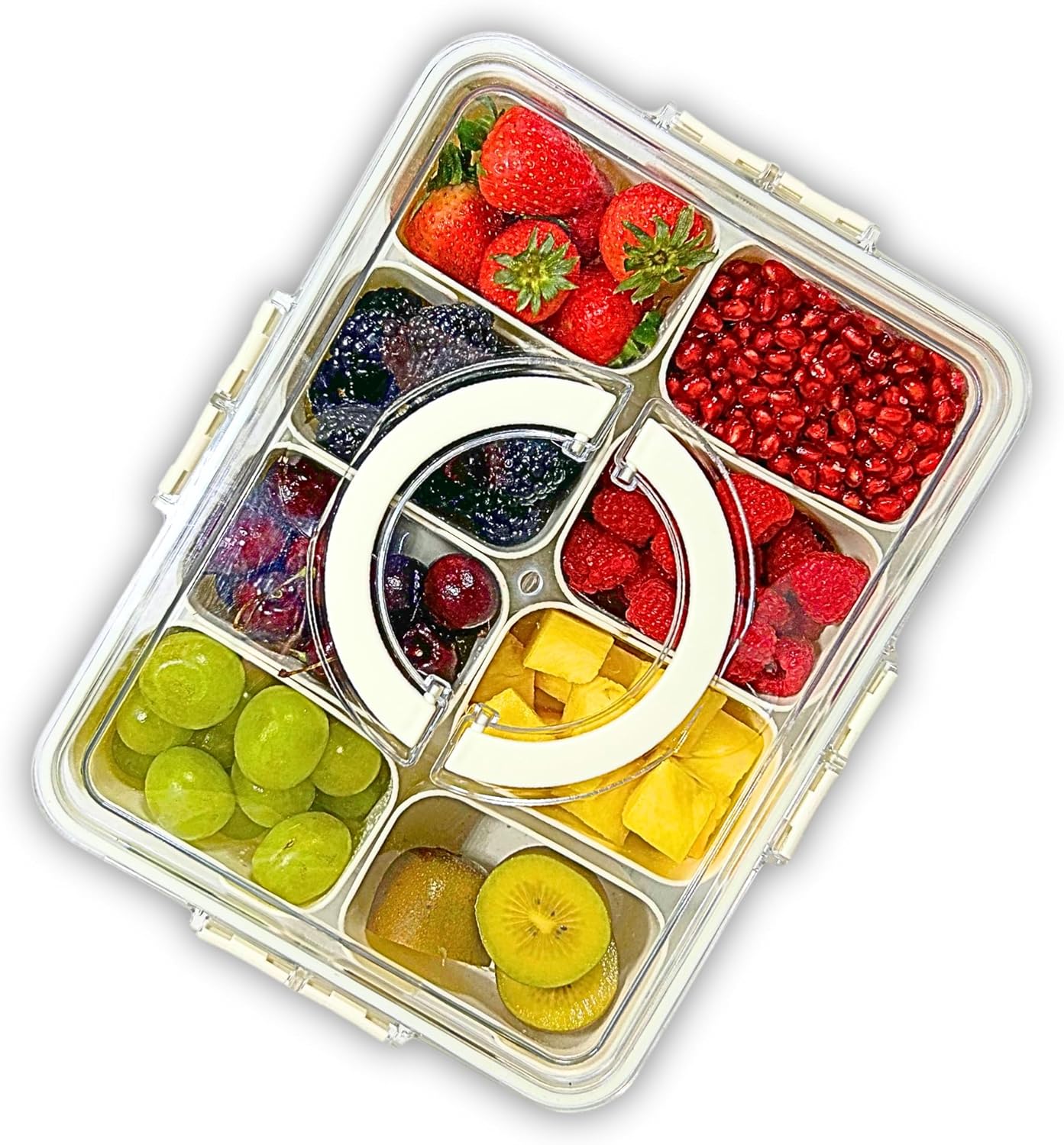 Let Season Divided Serving Tray with Lid and Handle, Clear Fruit Vegetable Snack Candy Nuts Container Box, Portable 8 Compartments Snackle Charcuterie Platter Organizer for Travel Party Picnic Beach