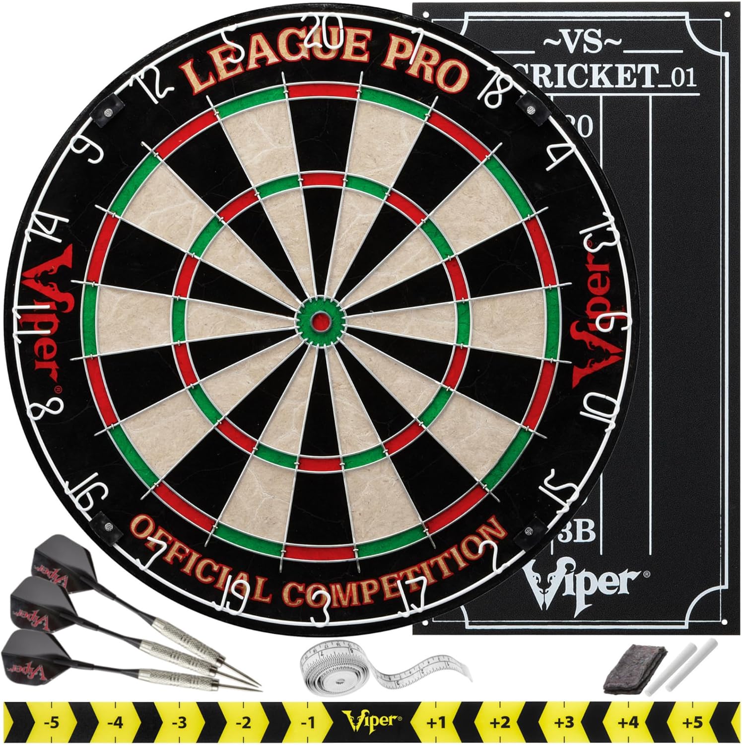 Viper League Pro Regulation Bristle Steel Tip Dartboard Starter Set with Staple-Free Bullseye, Radial Spider Wire, High-Grade Sisal with Rotating Number Ring, Chalk Cricket Scoreboard, Steel Tip Darts