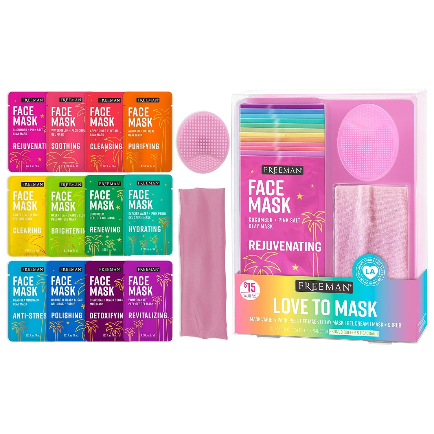Freeman Facial Love To Mask Variety Pack: Oil Absorbing Clay, Detoxifying Charcoal, Clearing Peel Off, Hydrating Gel Cream, Exfoliating Scrub (14 Piece Kit with Bonus Buffer and Headband)