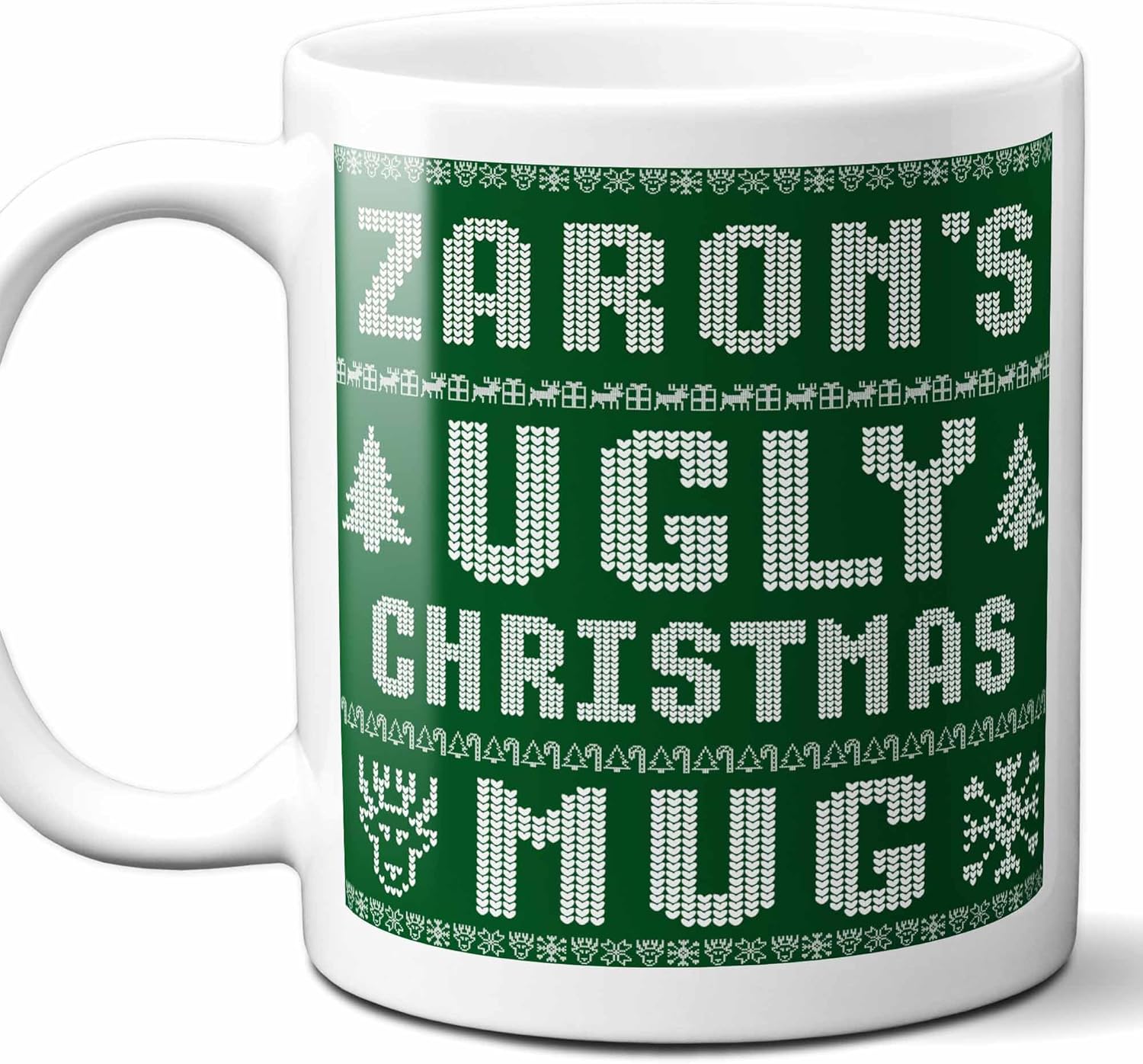 Zaron Name Christmas Gift. Personalized Ugly Christmas Sweater Coffee Mug. Funny Custom Xmas Gift, Stocking Stuffer For Friends, Coworkers And Person Who Has Everything. 11 Ounces.
