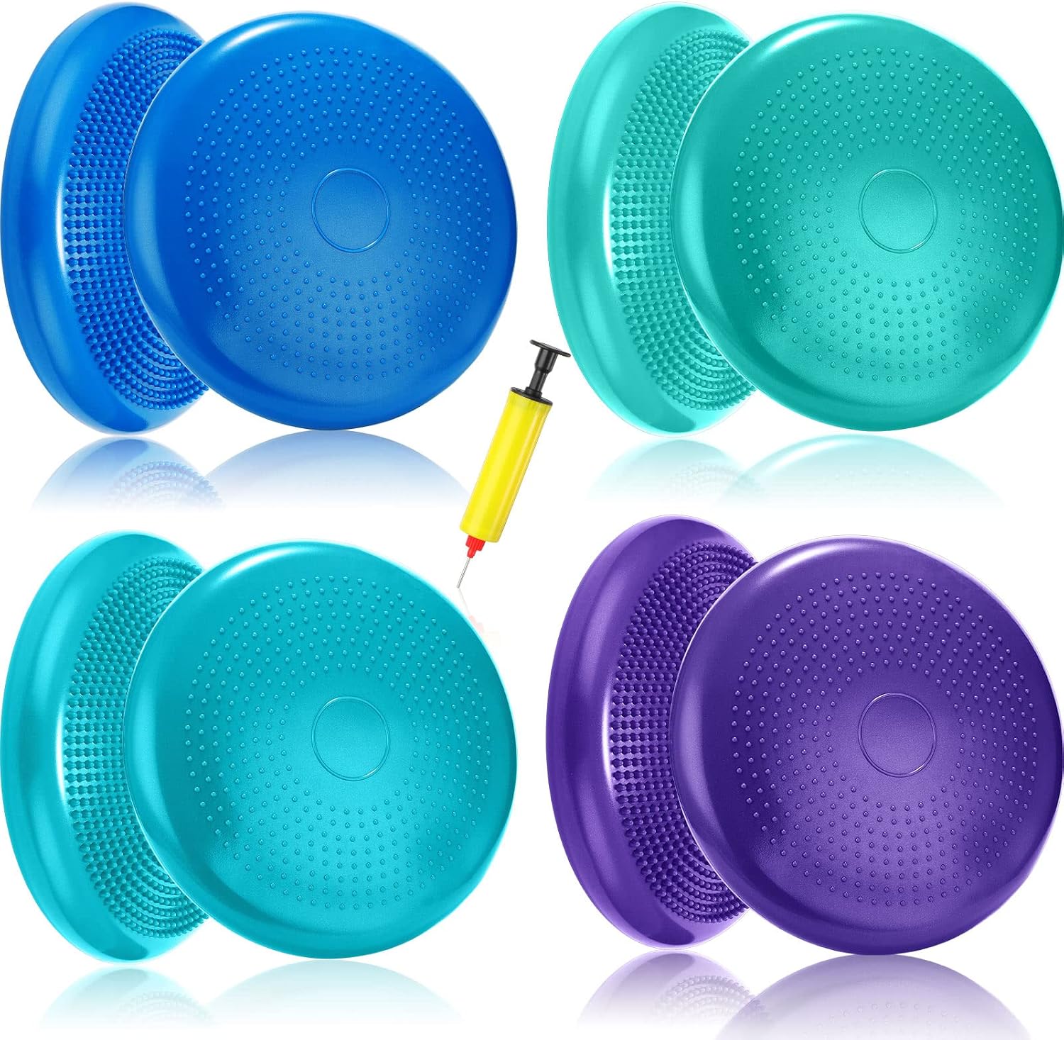 Sotiff 4 Pcs Inflated Wobble Cushion Wiggle Seat for Sensory Kids Flexible Seat for Classroom Wobble Disc with Inflation Pump Stability Balance Board for Adult Physical Therapy Exercise