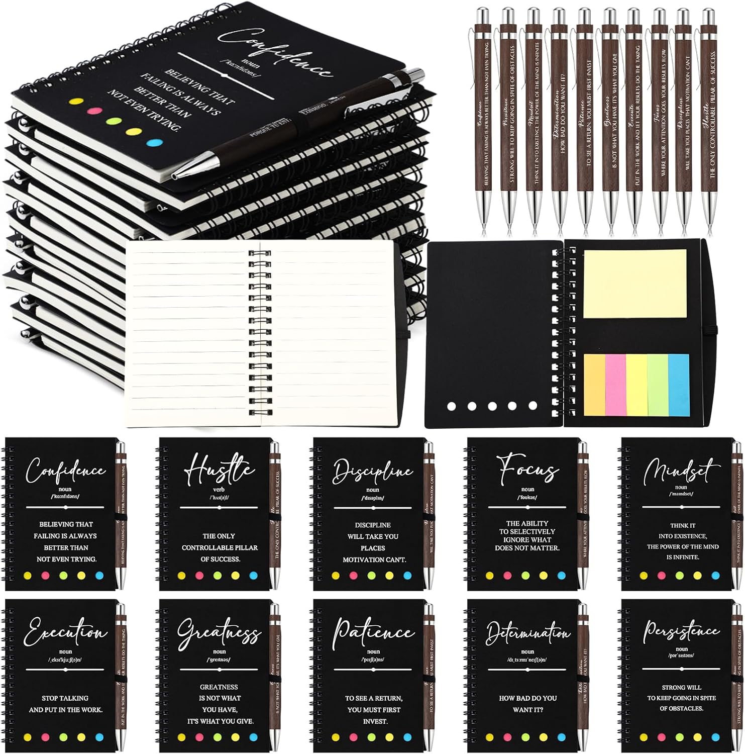 TecUnite 40 Pcs Motivational Spiral Notebooks with Sticky Notes and Bamboo Pen Bulk Inspirational Journals Back to School Supplies Gifts for Teacher Students Class Reward Gifts Office (Black)