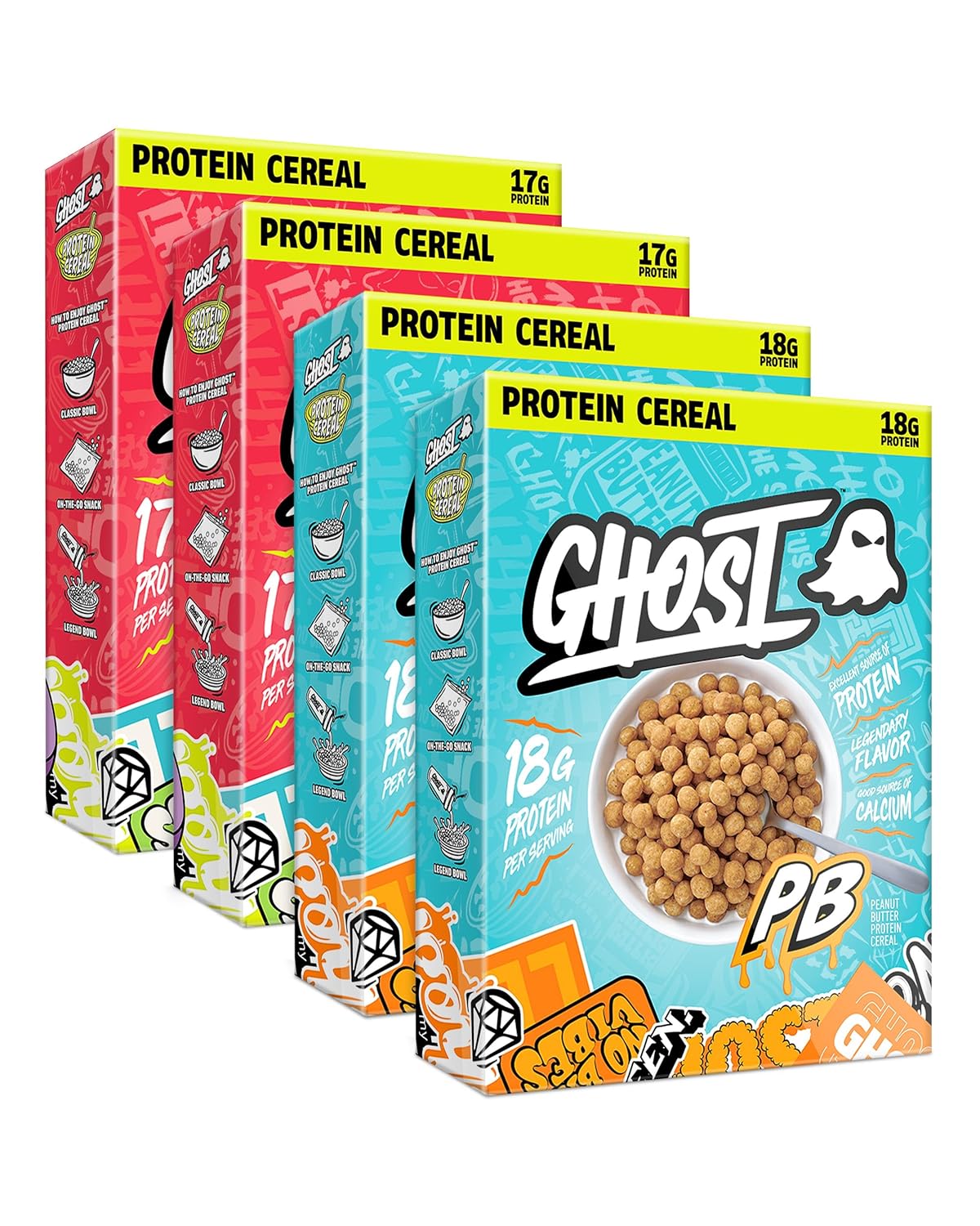 GHOST Protein Cereal, Variety Pack in Marshmallow with Lucky Charms Marshmallows & Peanut Butter (4-Pack) - 17G Protein & Good Source of Calcium - Protein Breakfast Cereal & Snack
