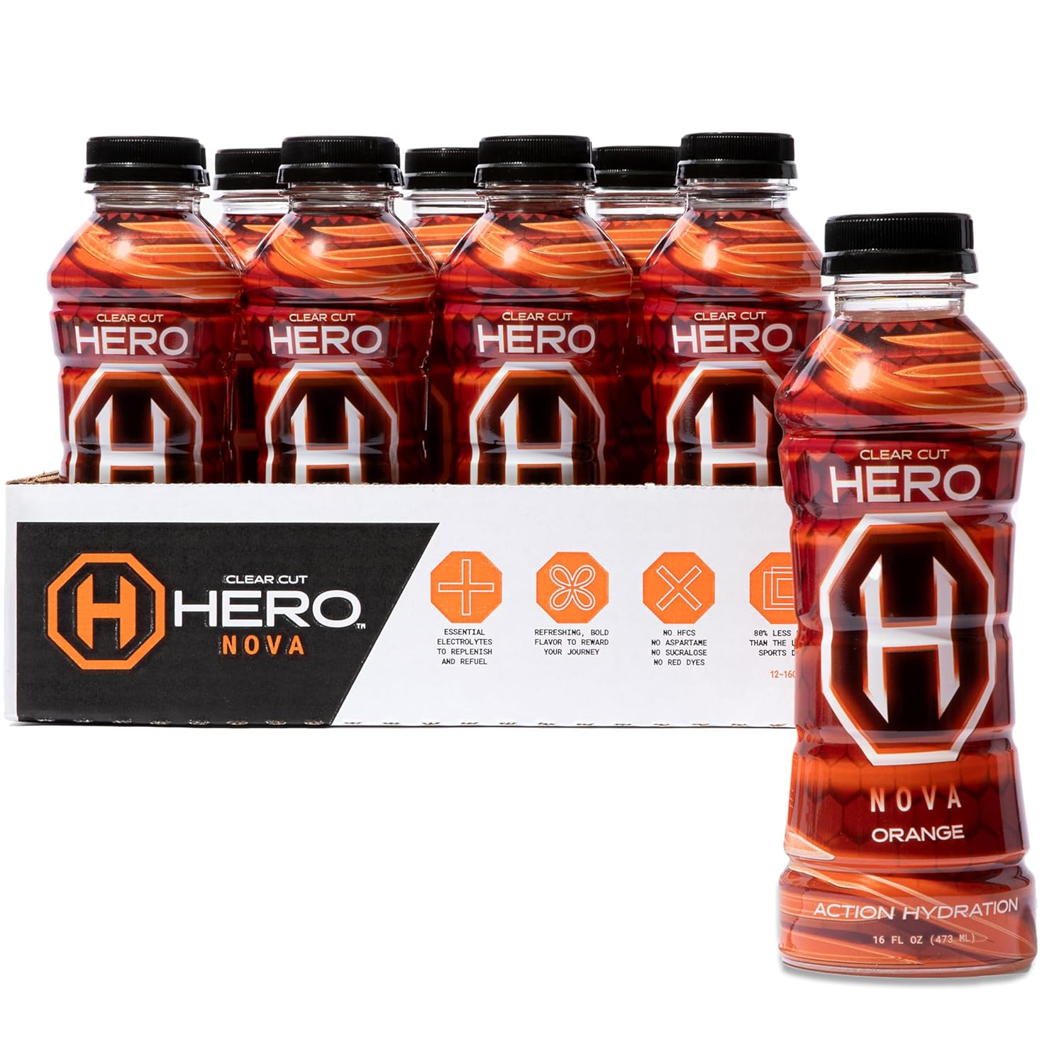 Clear Cut Hero (HeroAid) Sports Drink, Nova Orange | Official Finisher Beverage of Spartan | 670mg of Essential Electrolytes, Natural Flavors & Ingredients, Low-Calorie | 16 Fl Oz (Pack of 12)