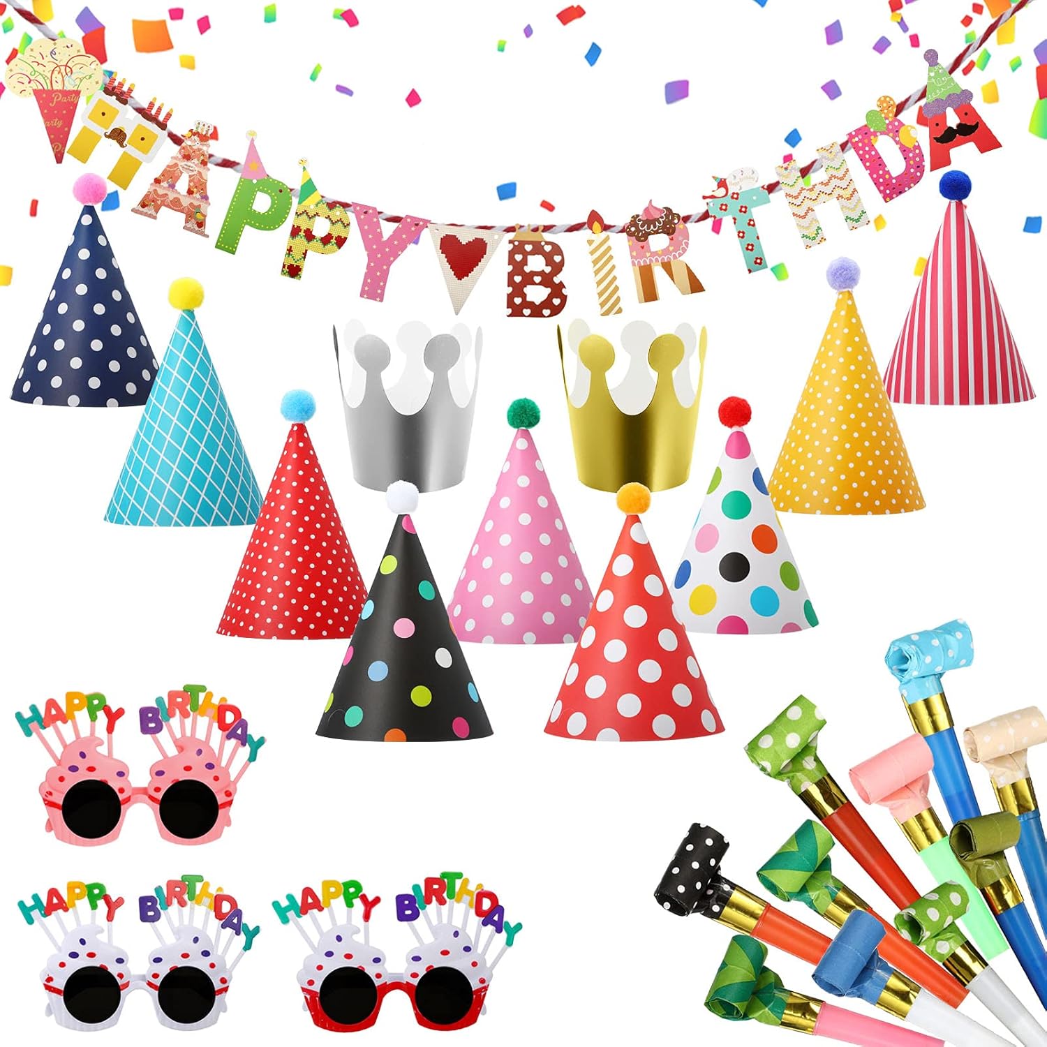 Winkwinky 25 PCS Party Hats Pack with Happy Birthday Banners, Crown Hat, Glasses, Blowers for Boys, Girls, Kids, Adults Party Decoration