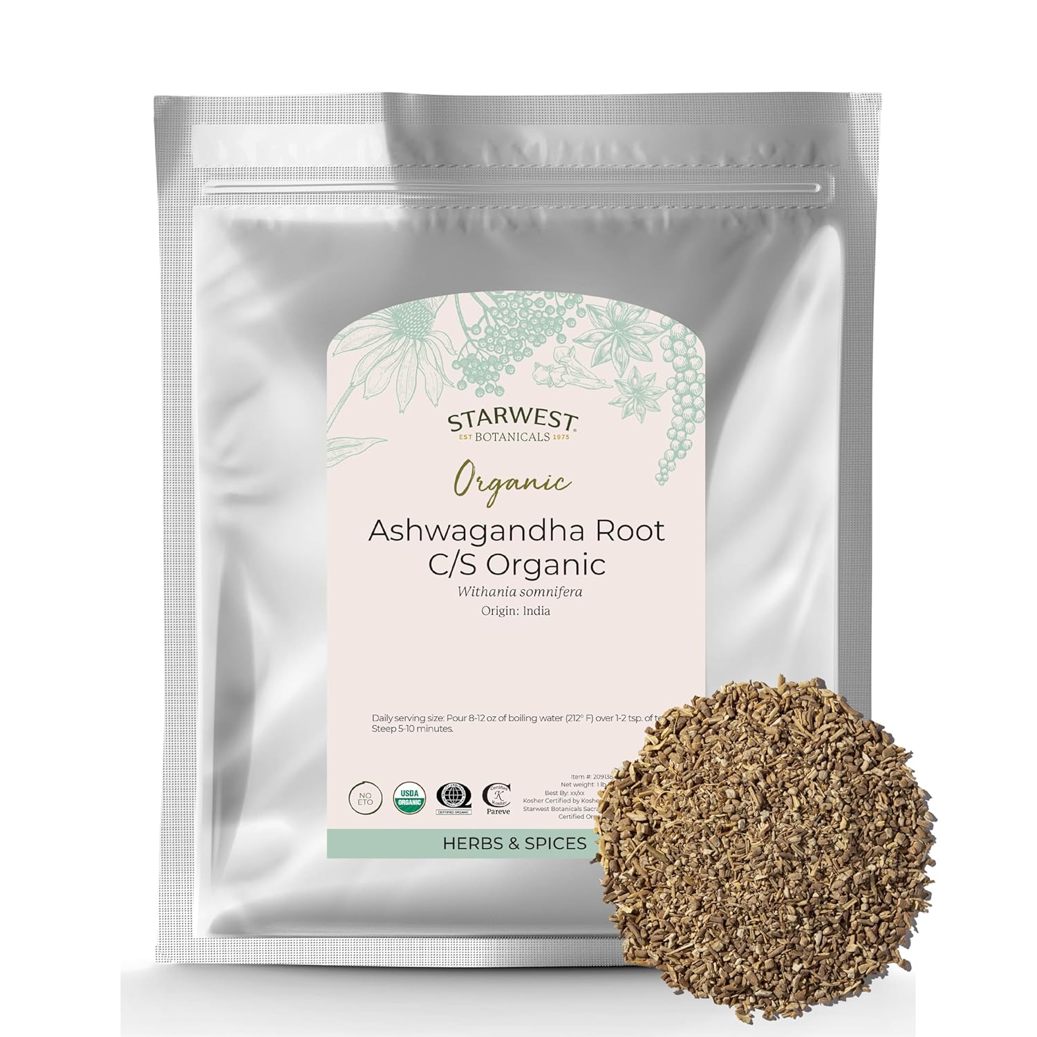 Starwest Botanicals Organic Ashwagandha Root for Women & Men - Dried Herb for Tea, Capsules, & Natural Herbal Blends, Cut & Sifted, Certified Kosher, Non-GMO - Bulk 1 lb Bag