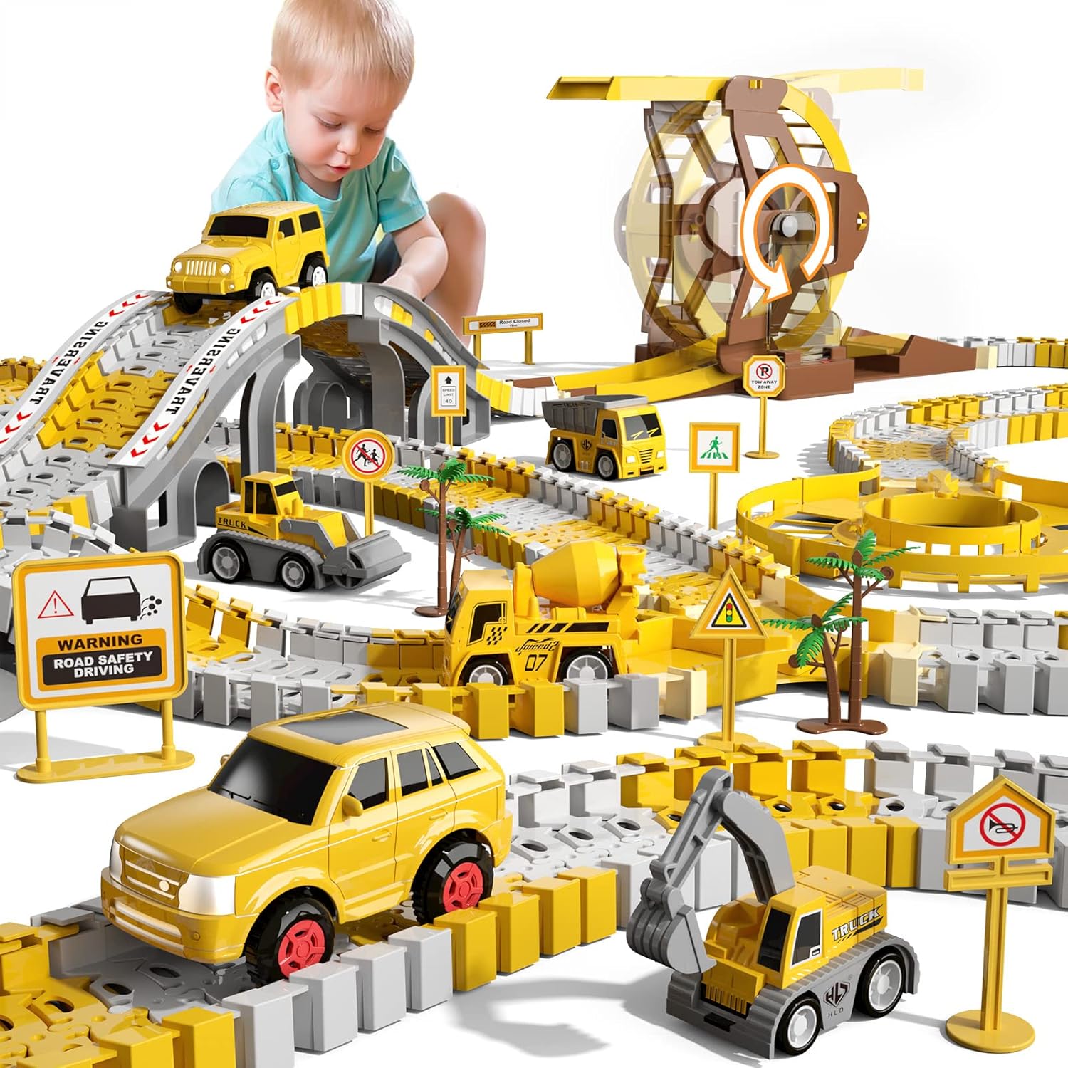 299 PCS Construction Race Tracks Boys Toys, 2 Electric Cars, 4 Engineering Cars and Flexible Race Track Playset Create an Engineering Road Gifts Toys for 3 4 5 6 Year Old Boys Girls Kids