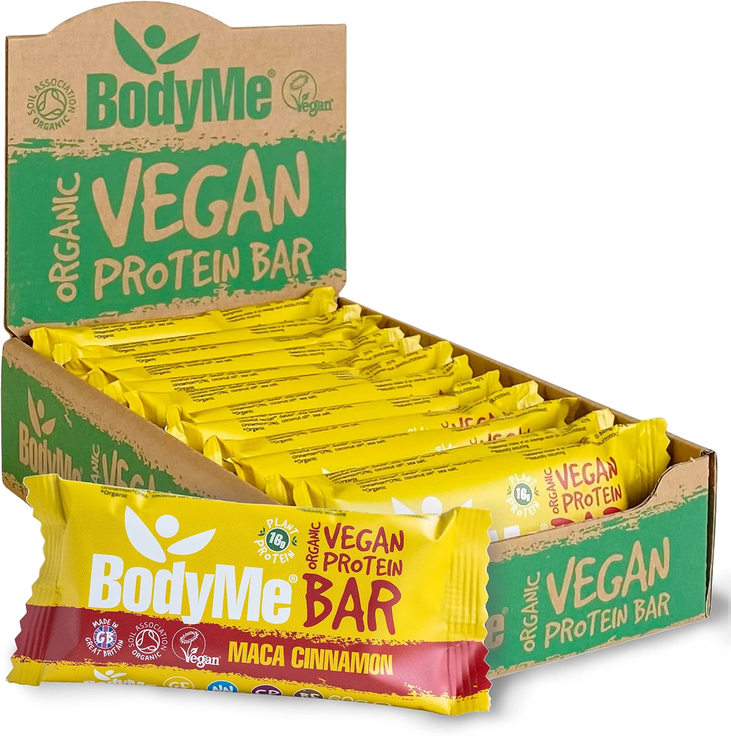 BodyMe Organic Vegan Protein Bar | Raw Maca Cinnamon | 12 x 60g Protein Snack Bars | Gluten Free | 16g Complete Protein | 3 Plant Proteins with All Essential Amino Acids | High Protein Vegan Snacks