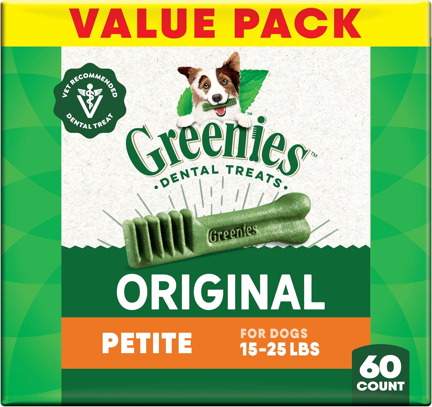 Greenies Veterinarian-Recommended Adult Natural Dental Dog Treats Petite Size, Original Flavor, 36 oz. Pack, 60 Count