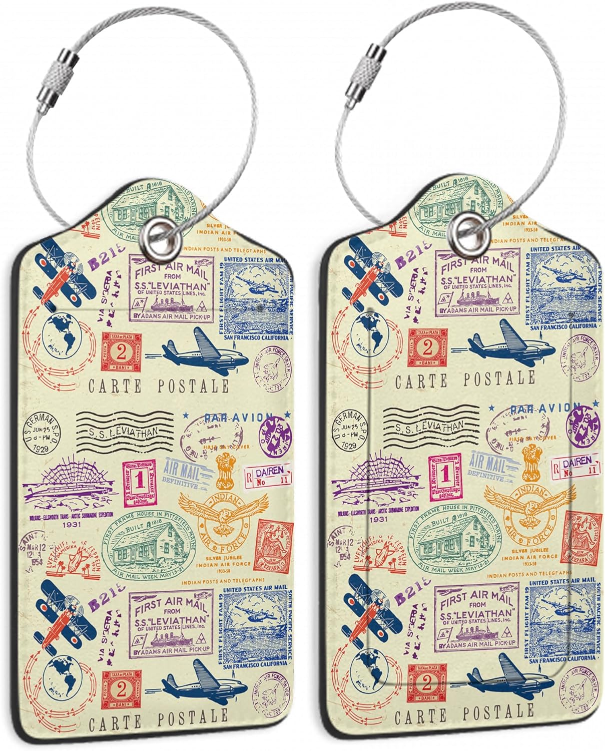 Travel Stamp Luggage Tags for Suitcase,2 Pack Retro Passport Carte Postale Luggage Tag Leather Privacy Cover ID Label with Stainless Steel Loop for Women Men Kids Girls