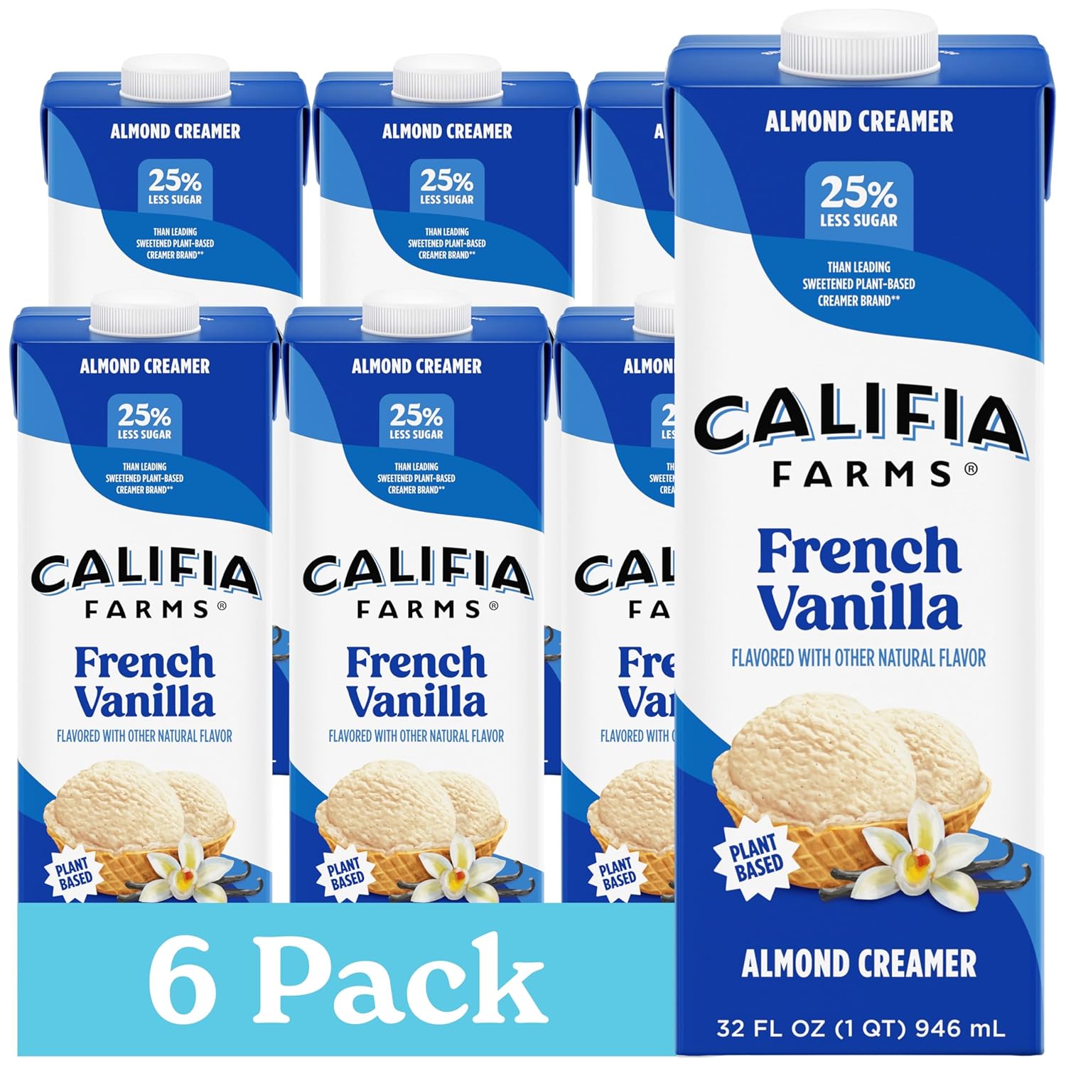 Califia Farms - French Vanilla Almond Milk Coffee Creamer, 32 Oz (Pack of 6), Shelf Stable, Dairy Free, Plant Based, Vegan, Gluten Free, Non GMO, Almond Creamer