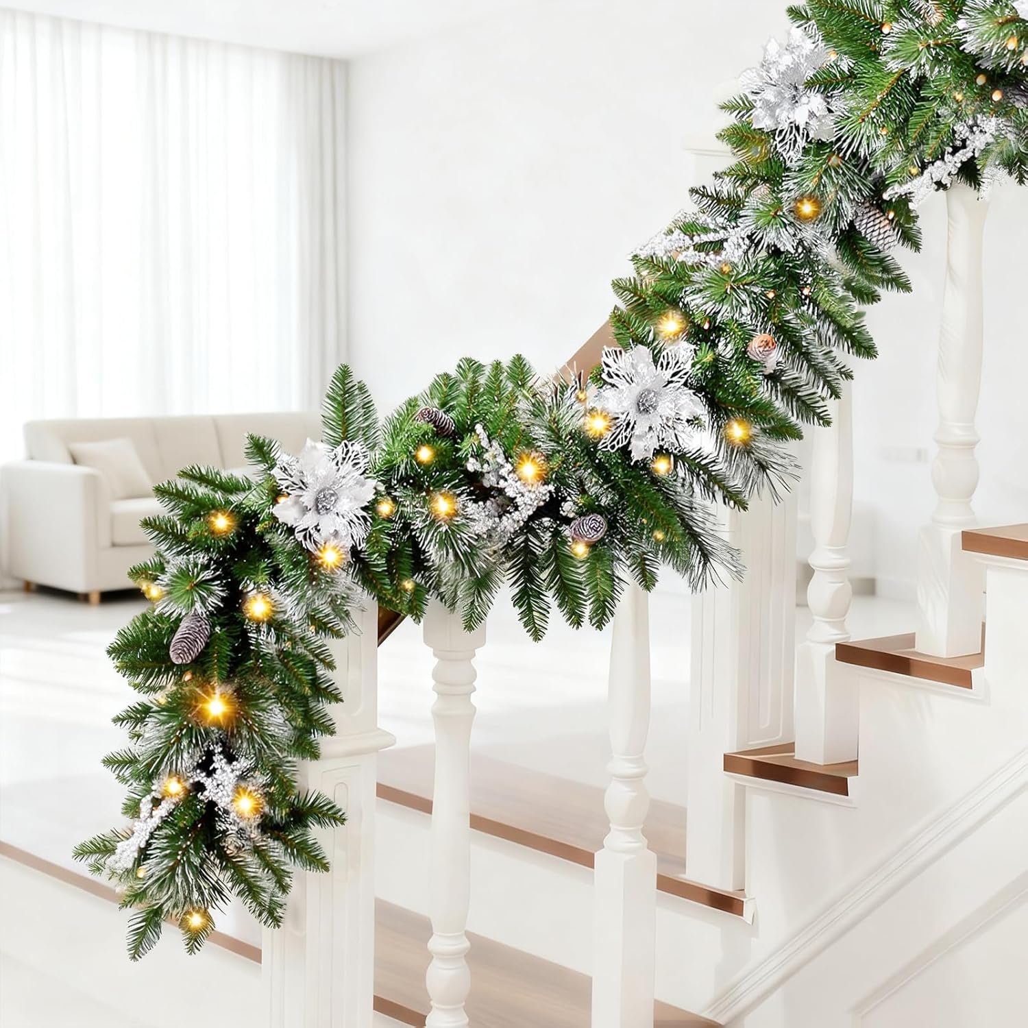 Trepcrow Christmas Garland with Lights, Pre Lit Wreath Christmas Decorations, Xmas Artificial Holiday Garland for Fireplace/Stairs/Mantel/Front Door/Outdoor (9FT/Silver)
