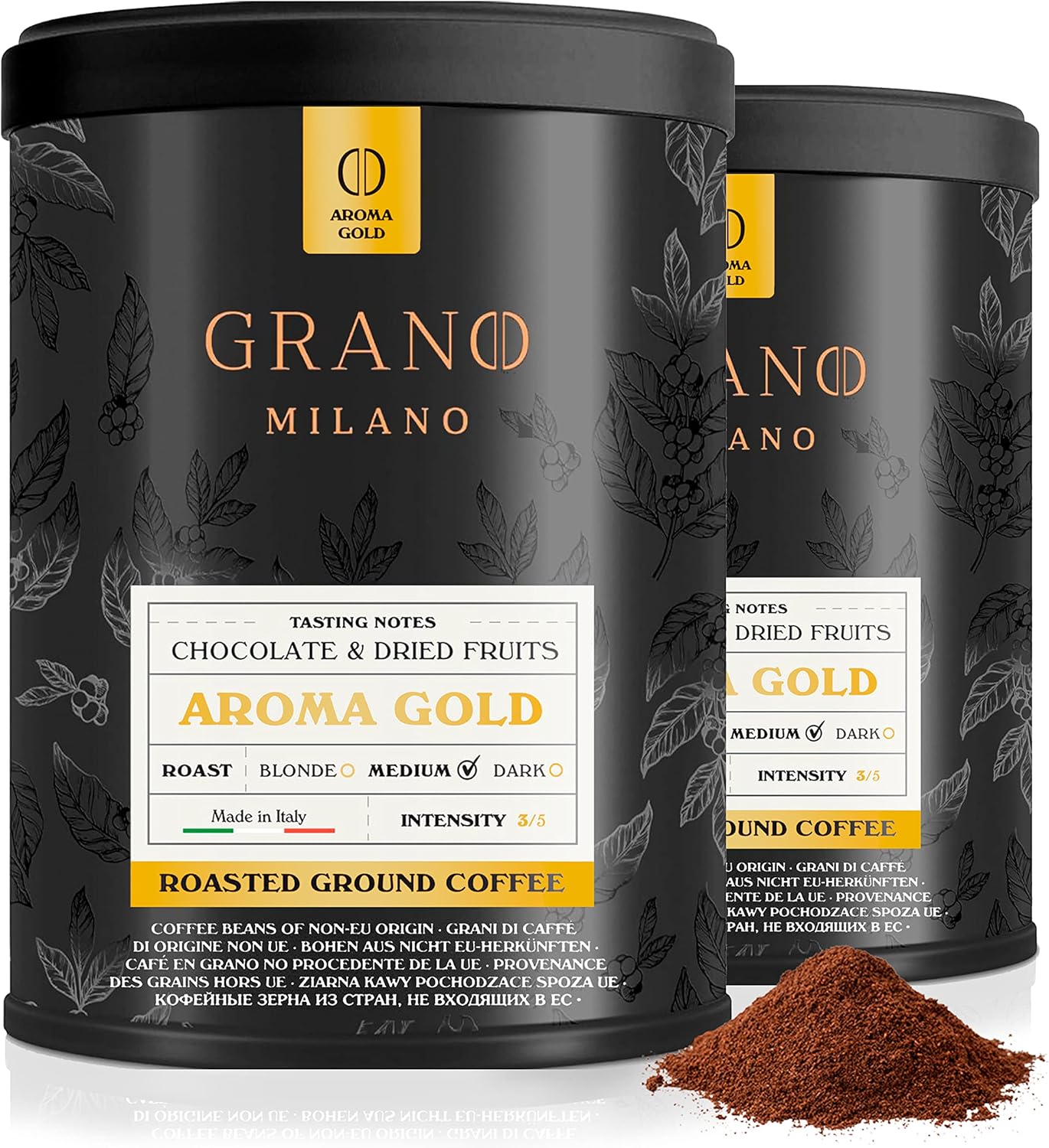 Grano Milano Ground Coffee, Aroma Gold Arabica and Robusta, Medium Roast Intensity 3/5, Made in Italy