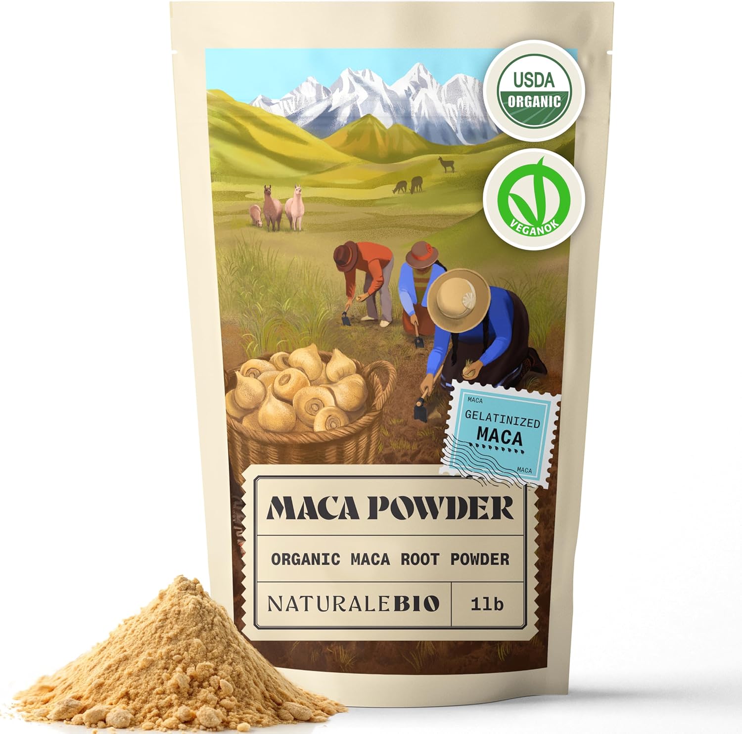 NaturaleBio Maca Powder Organic 1lb - 16oz. Peruvian, Natural and Pure, from Organic Maca Root. Vegetarian and Vegan Friendly. Gelatinized for Enhanced Bioavailability. Ideal for Smoothie.