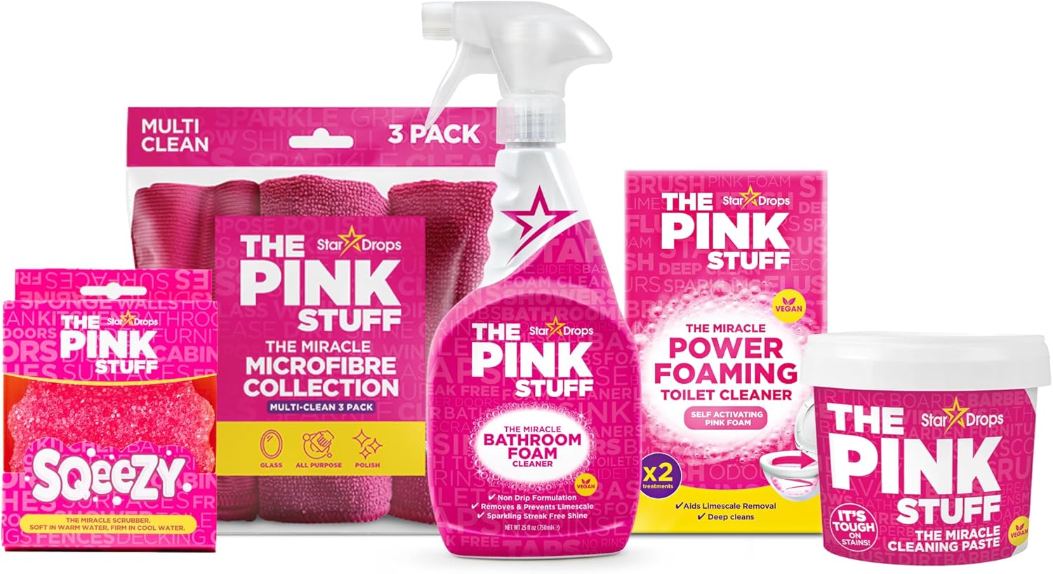 Stardrops - The Pink Stuff Bathroom Cleaning Kit – Cleaning Paste, Bathroom Foam Spray, Toilet Foaming Powder, SQeeZY Sponge & 3 Microfiber Cloths – Tough on Stains, Grease & Soap Scum