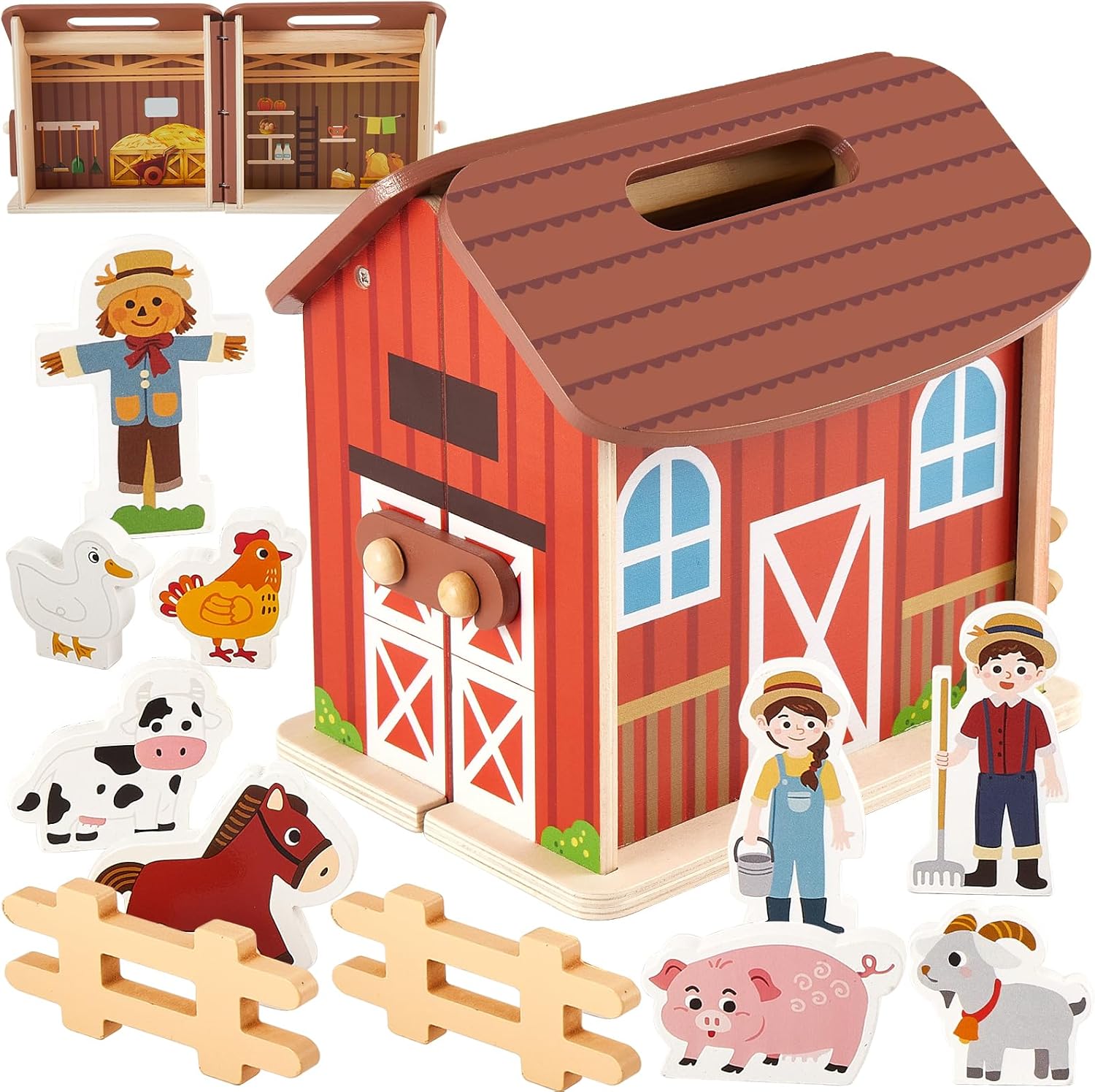 HERSITY Wooden Farm House with Animals Toy, Kids Farm Barn House Toy Set, Farmyard Animals Figures Playset Montessori Pretend Play Gifts for 3 4 5 Year Olds Toddler Children Boys Girls