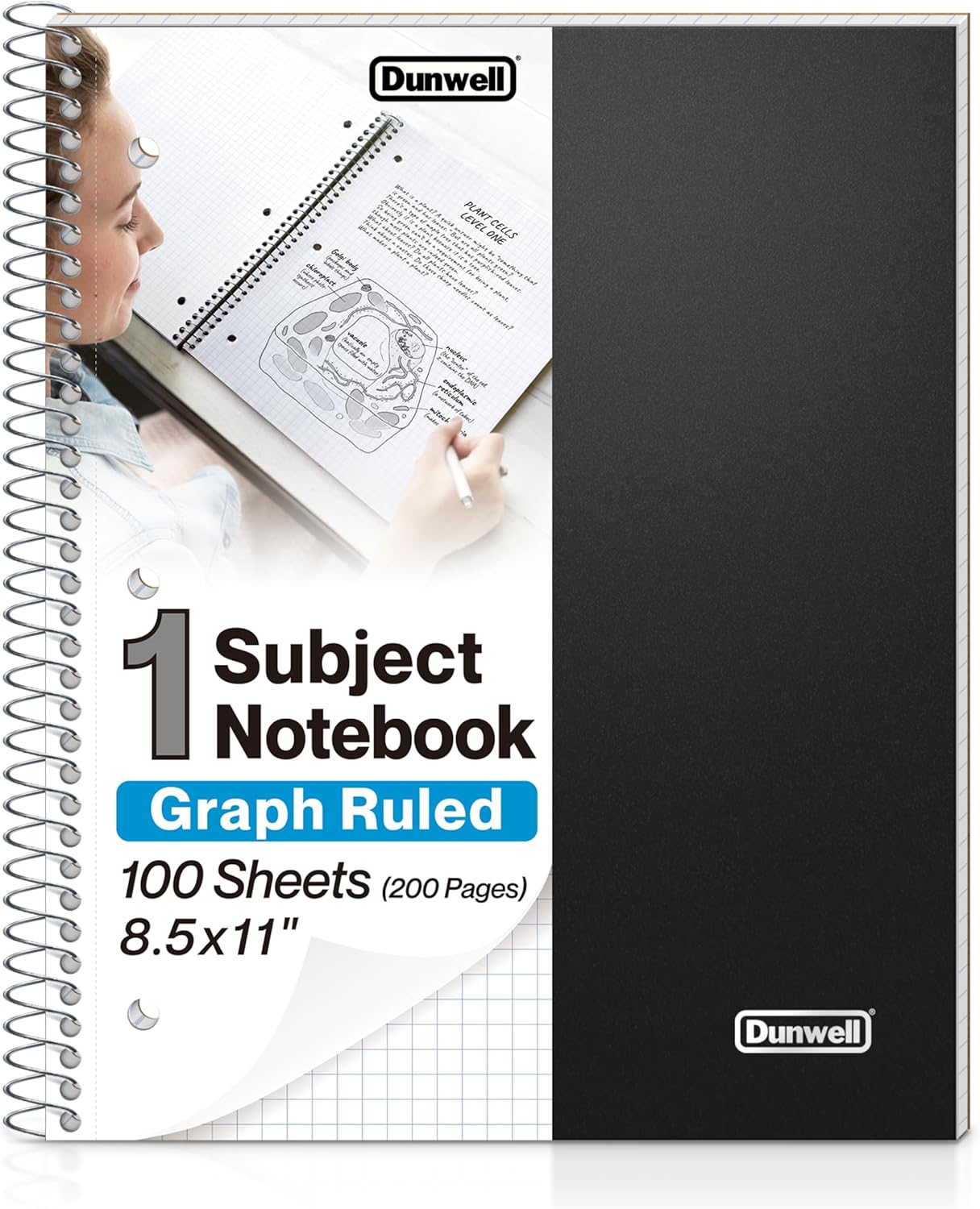 Dunwell Graph Paper Notebook 8.5 x 11 (Black) Plastic Cover, 100 Sheets (200 Pages), 4x4 Squares, 1 Subject Graph Paper Spiral Notebook, 1/4" Grid, Pocket Divider, Easy Tear-Off, 3-Hole Punched
