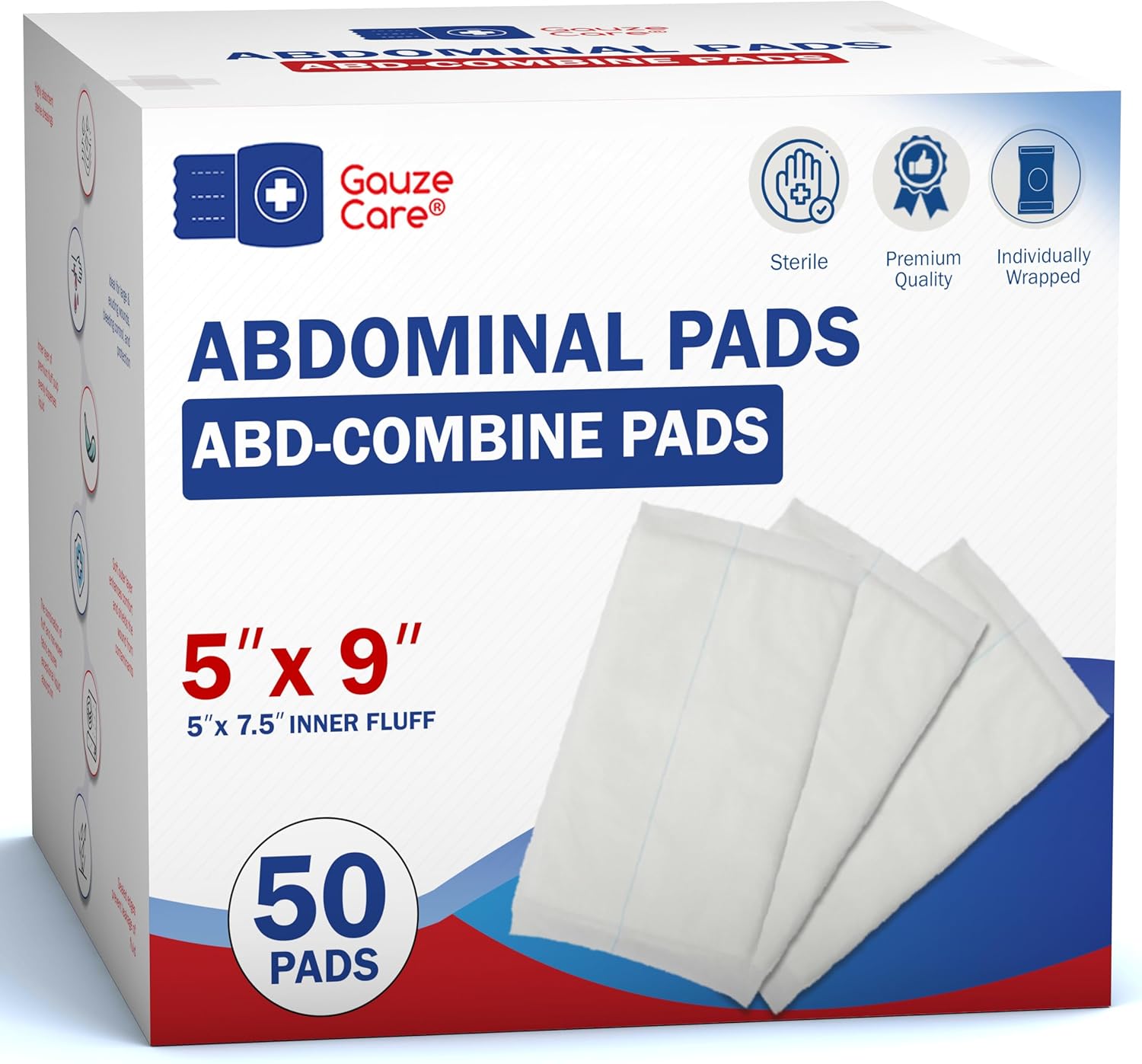 GauzeCare Sterile Abdominal- ABD Combine Pads| 50-Pack, 5 x 9 Inches| Extra Absorbent & Thick, Individually Wrapped Wound Dressing, First Aid Pads| Surgical-Grade, Nonstick- for Heavy Leakage, Post Op