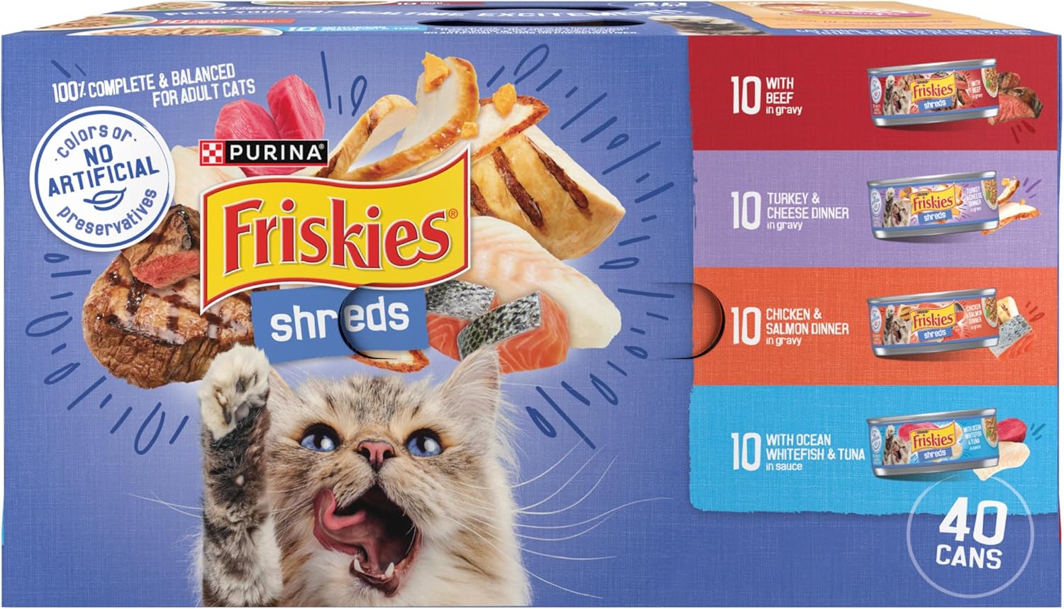 Purina Friskies Wet Cat Food Variety Pack, Shreds Beef, Turkey, Whitefish, and Chicken & Salmon - 5.5 Oz. cans (Pack of 40)