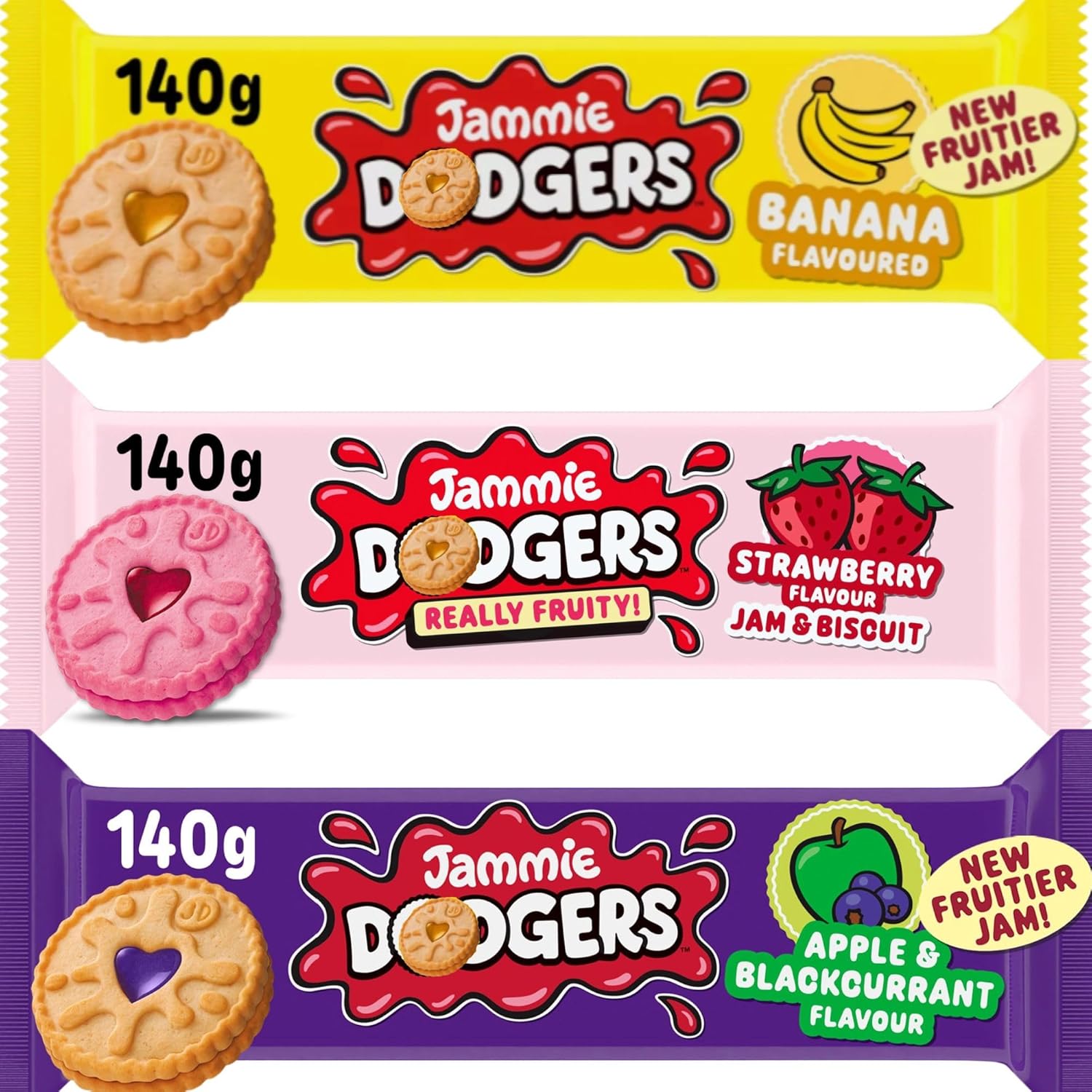 Biscuits Snack Bundle Consisting of Jammie Dodgers strawberry, Banana, and Apple & Blackcurrant 140g (3 Mixed Pack)