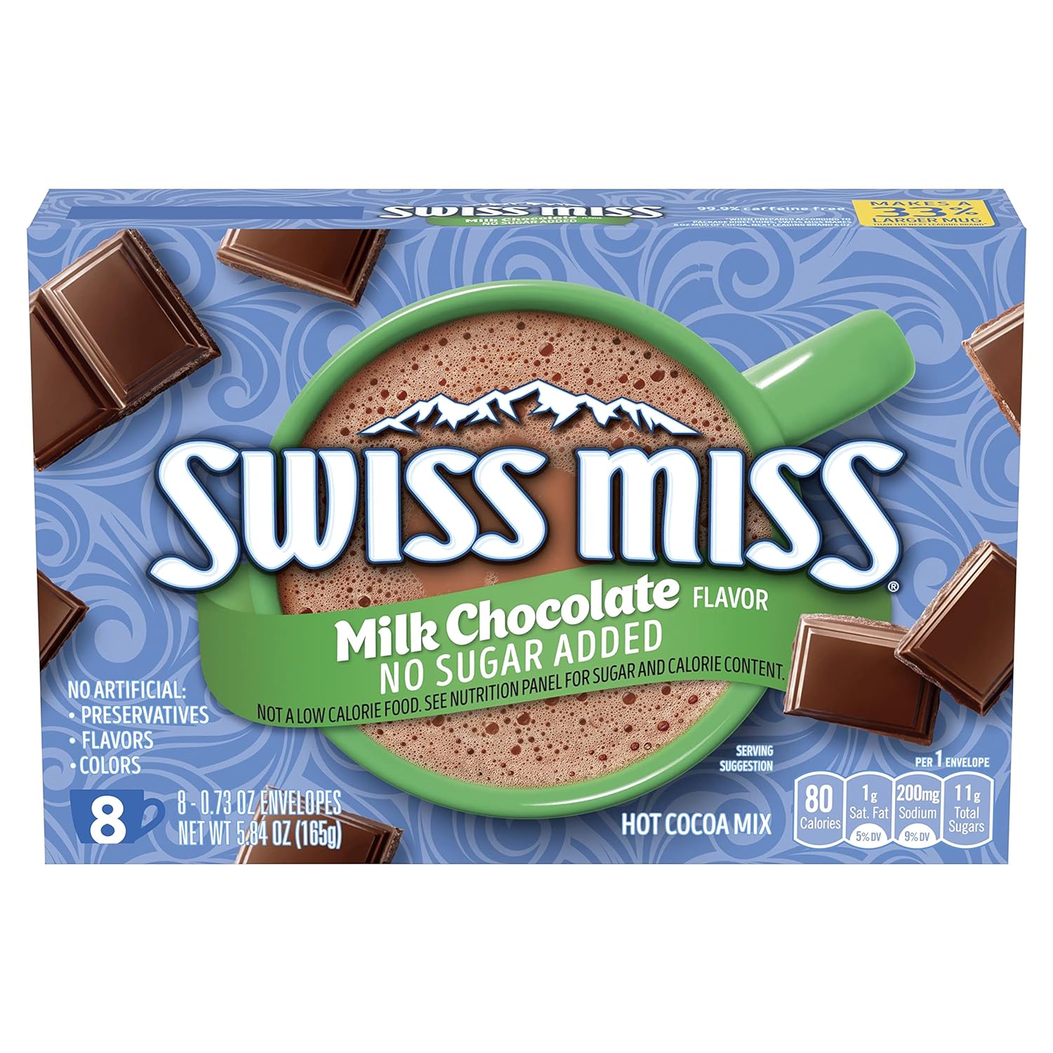 Swiss Miss Milk Chocolate Flavored No Sugar Added Hot Cocoa Mix, 0.73 oz., 8-Count Envelopes (12 Boxes)