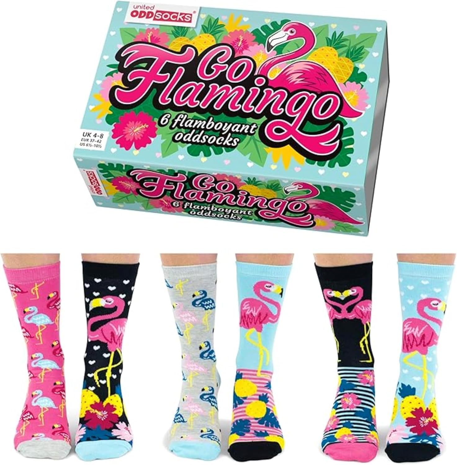 United Oddsocks Go Flamingo Gift Box – 6 Flamboyant Mismatched Socks for Women, Tropical Flamingo Designs – UK 4-8 EUR 37-42 US 6.5-10.5 – Colourful Mix & Match Sock Set – Cotton Rich and Fun Tropical