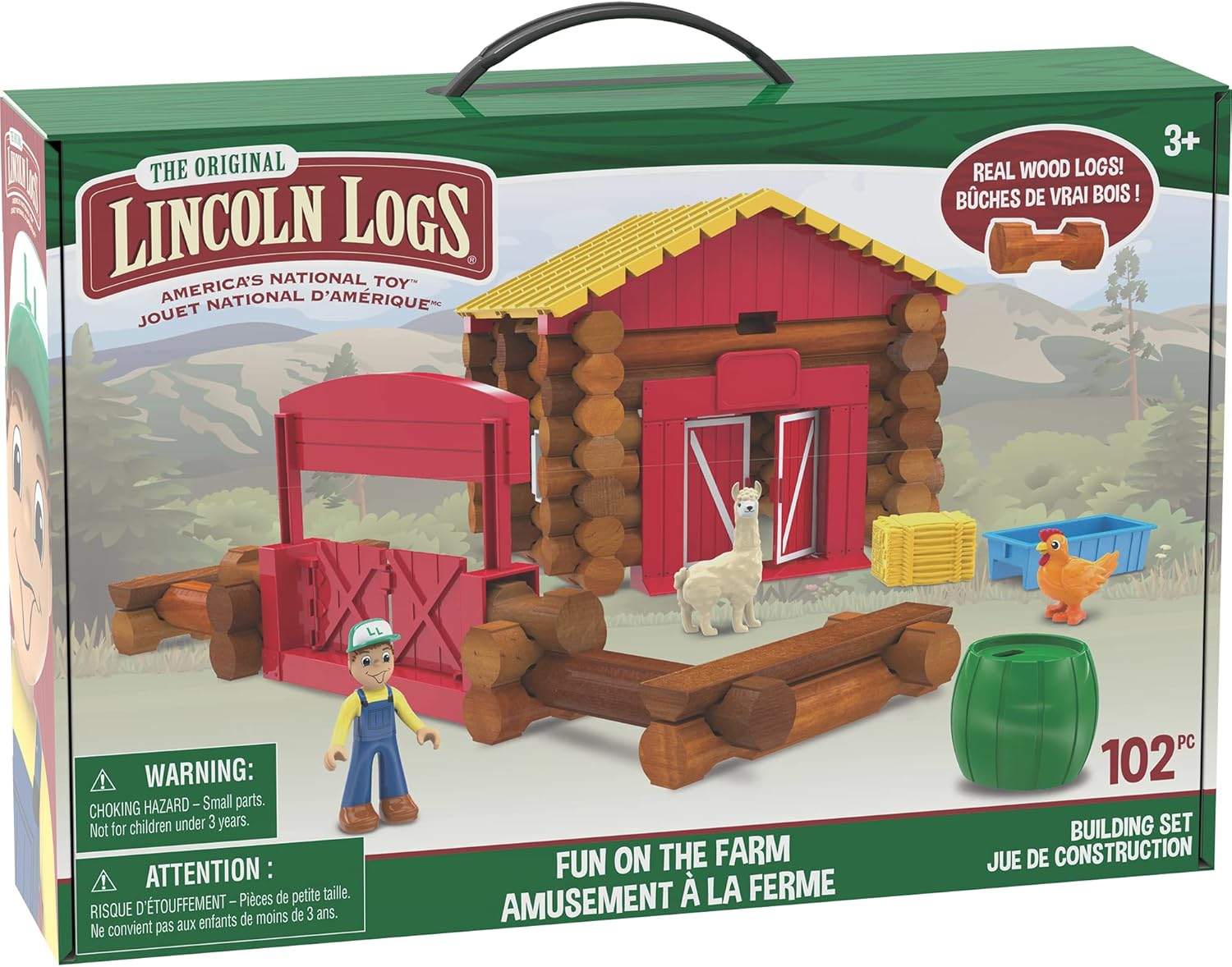 Lincoln Logs | Fun on the Farm Building Set | 100+ Piece Learning Engineering Kit for Kids, Real Wood, Toys for Children Ages 3+ | Basic Fun 00858