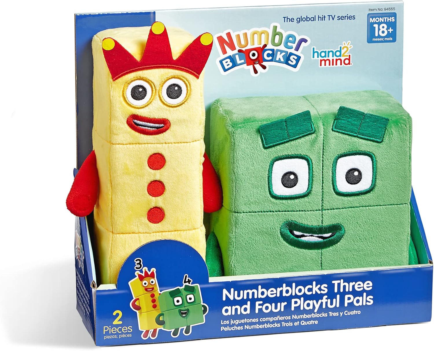 hand2mind Numberblocks Three & Four Playful Pals, Plush Figure Toys, Numbers for Toddlers, Preschool Math Learning Toys, Stuffed Animal Plushies, Counting Blocks, Soft Stuffies, Kids Birthday Gifts