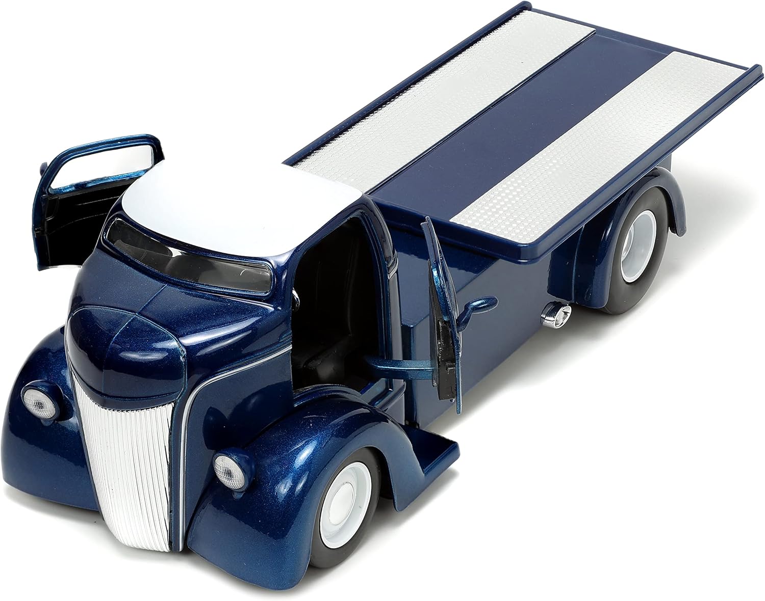 Jada Toys Just Trucks 1:24 1947 Ford COE Flatbed Die-cast Car Dark Blue/White with Tire Rack, Toys for Kids and Adults