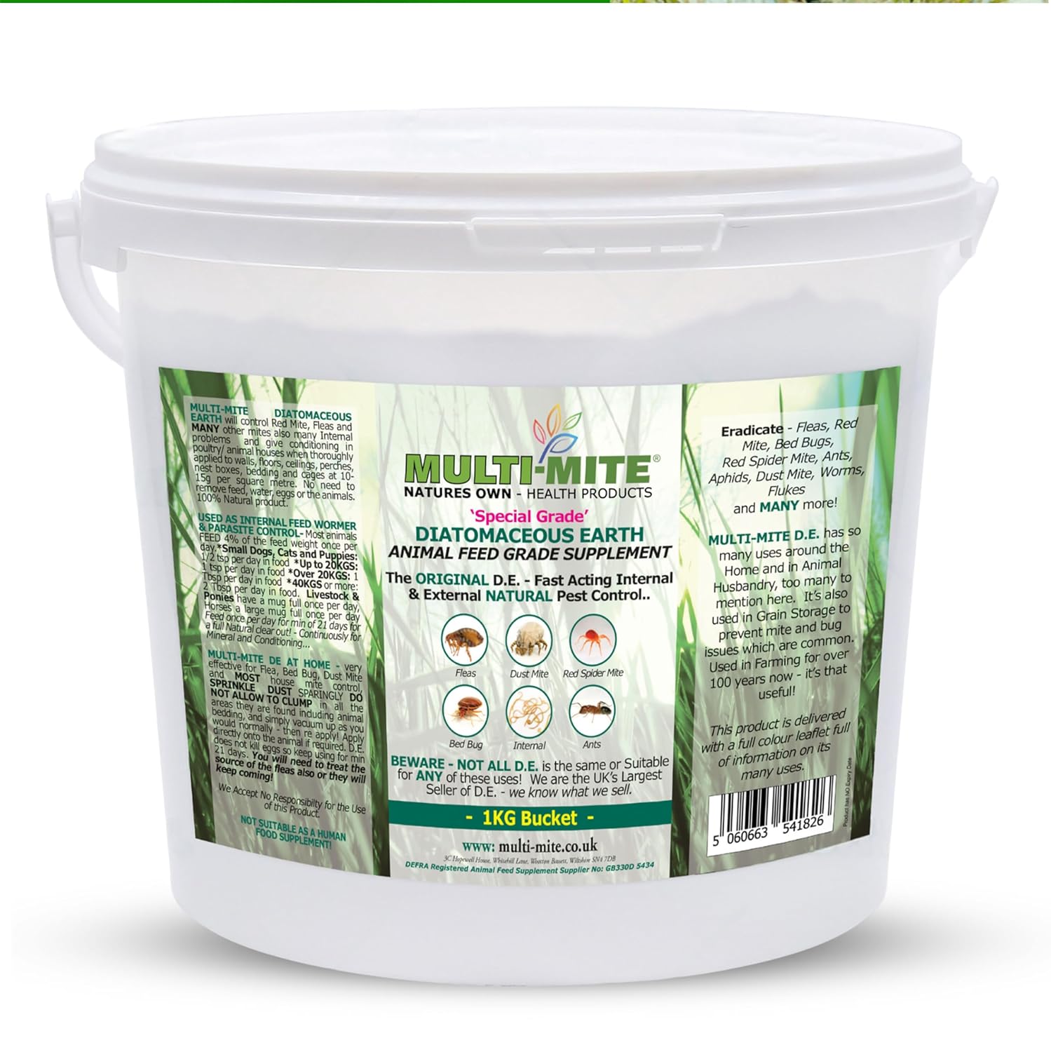 Multi-Mite 1kg Bucket Feed Grade Diatomaceous Earth - Red Mite, Fleas & All Animal Internal & Lice Control Powder - 100% Natural Insect Killer Pest Mite Treatment