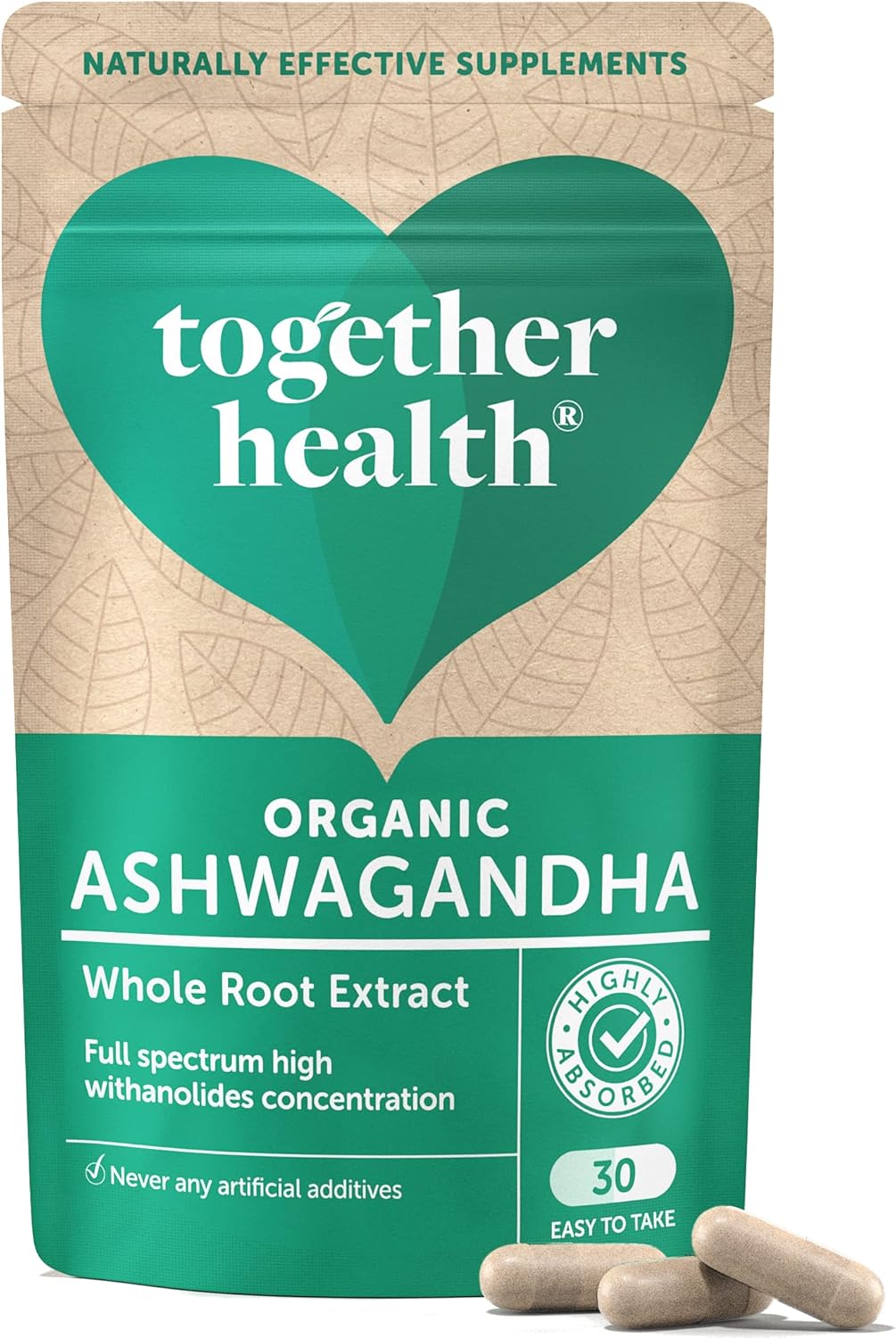 Ashwagandha – Together Health – 100% Organic Certified Ashwagandha Roots – High Concentration KSM-66, Full Spectrum Extract – Vegan Friendly – Made in The UK – 30 Vegecaps