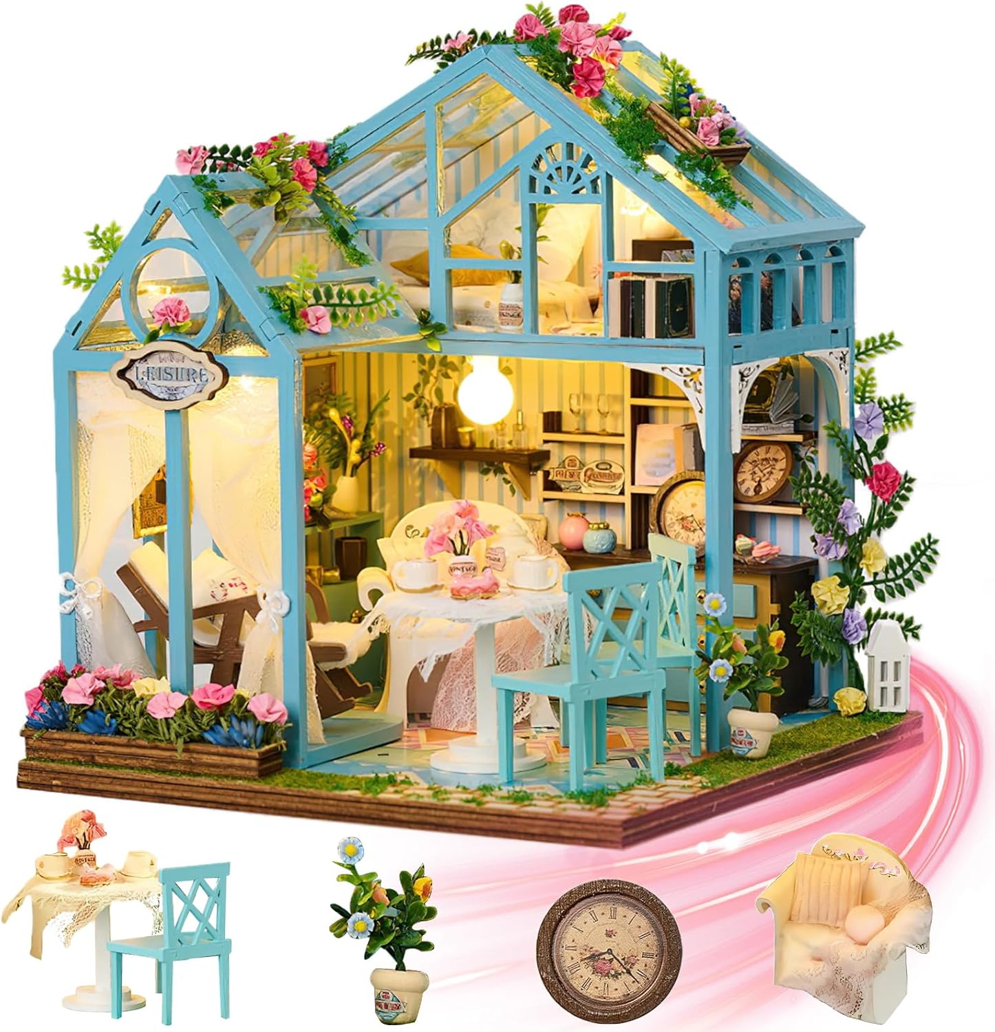 Mostop DIY Miniature Dollhouse Kit with Furniture - Book Nook Kit, Wooden Dollhouse Kit Miniature House Kit with LED Light,Creative Room Idea for Kids/Adults House DIY Kits（Floral Reverie）