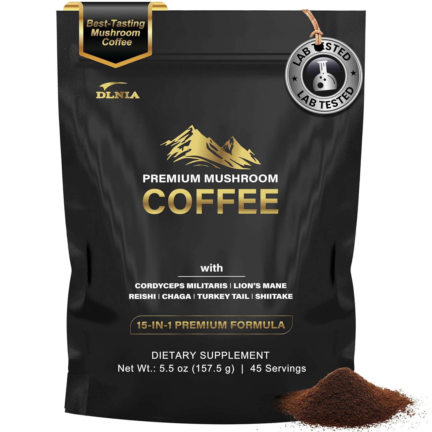 DLNIA Organic Mushroom Coffee with 12 Adaptogenic Mushrooms, Arabica Beans, Coconut Milk & MCT Oil | Cordyceps, Lion’s Mane & Turkey Tail Instant Coffee for Better Energy, Focus, Digestion, Immunity