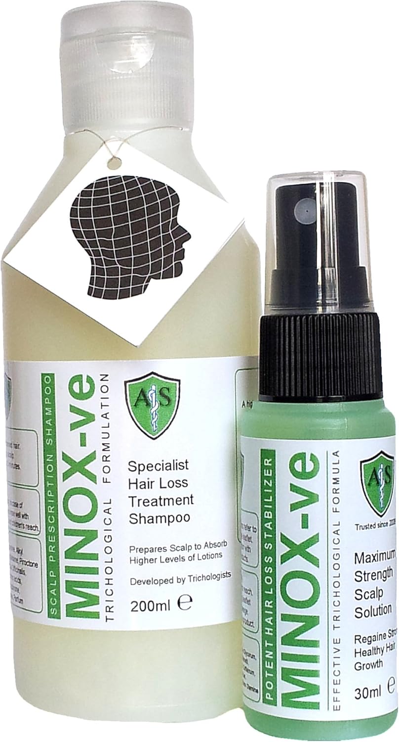 Hair Loss Treatment Set Lotion 30ml & Shampoo 200ml. Reduce Thin Hair Falling Out & Boost Growth. Effective Remedy. MINOX-ve Potent Minoxidil Free Formula. (1 Shampoo & 1 Lotion (1 month supply))
