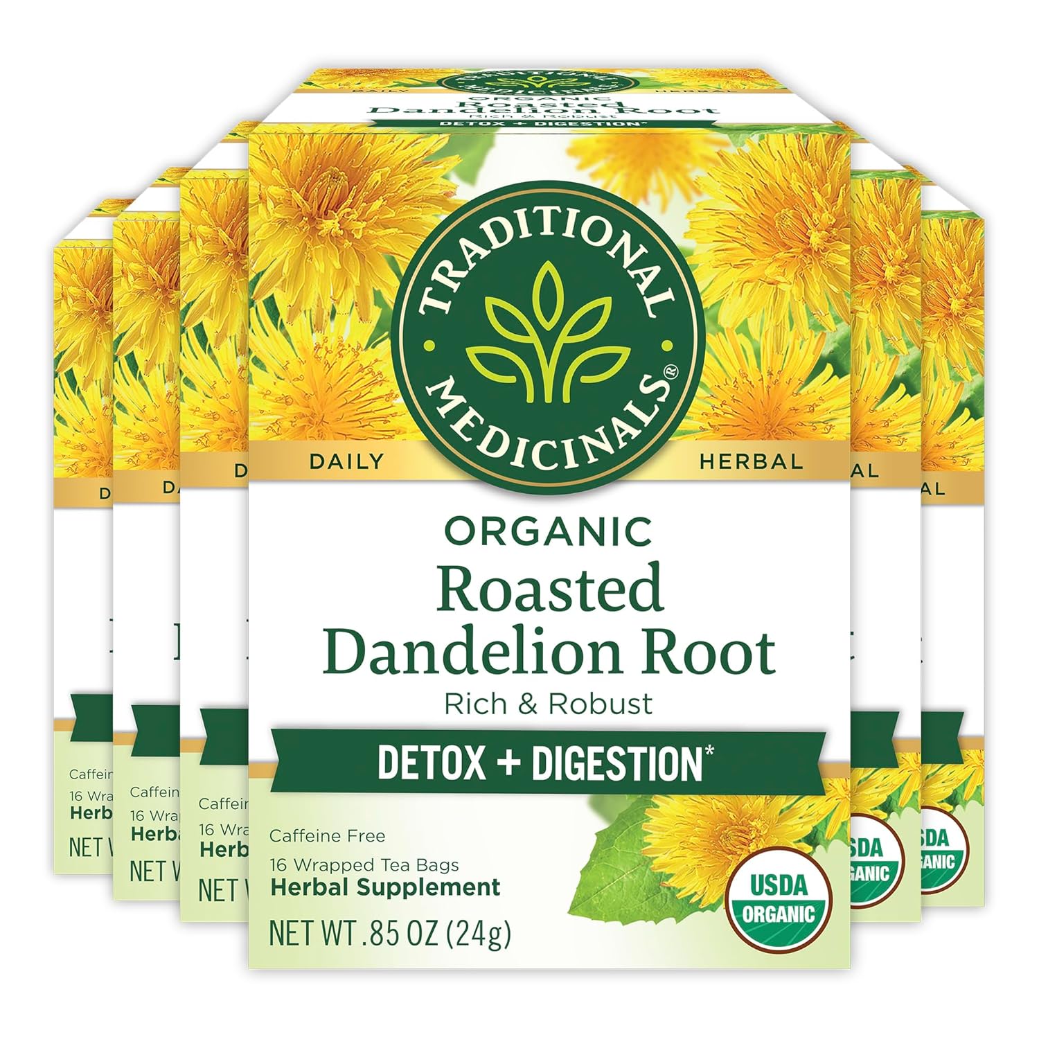 Traditional Medicinals Tea, Organic Roasted Dandelion Root, Supports Kidney Function & Healthy Digestion, 96 Tea Bags (6 Pack)