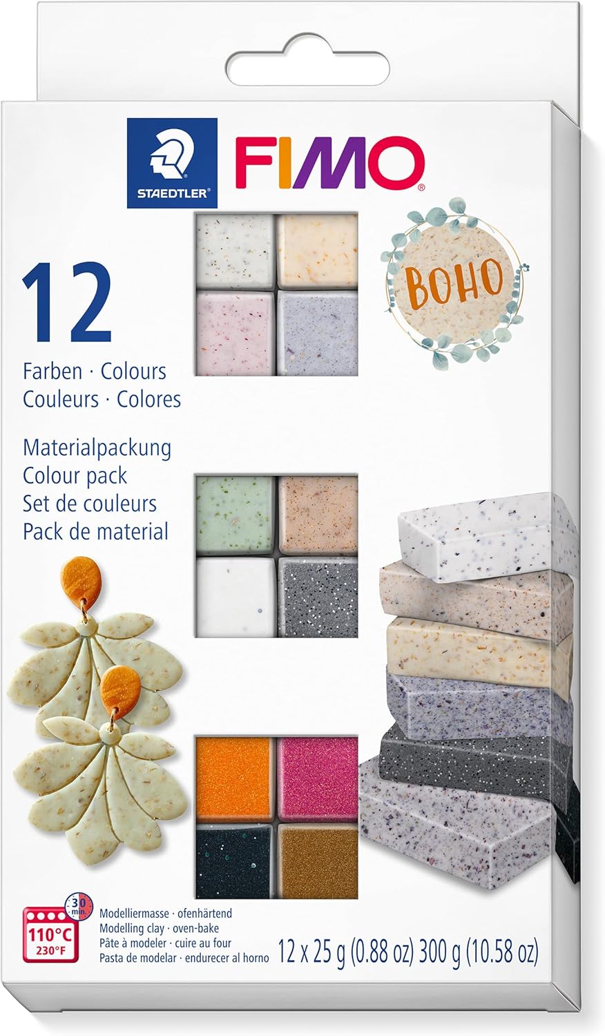 STAEDTLER 8013 C12-5 FIMO Effect Oven-Hardening Polymer Modelling Clay - Boho, Assorted Colours (Pack of 12 x 25g Half Blocks)